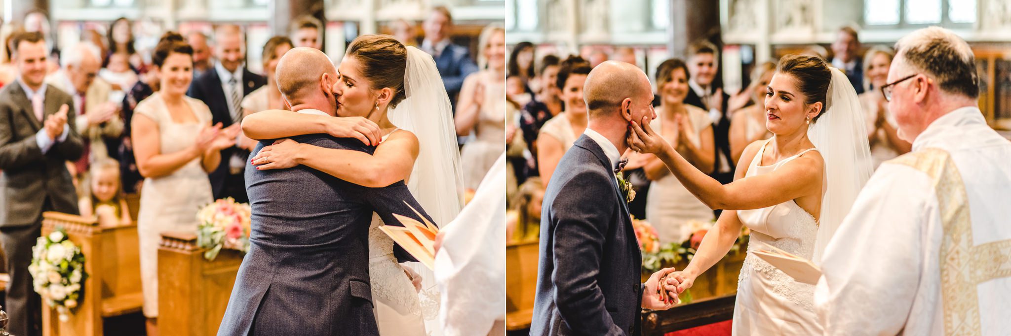 During the first kiss, the bride gets lipstick on the groom