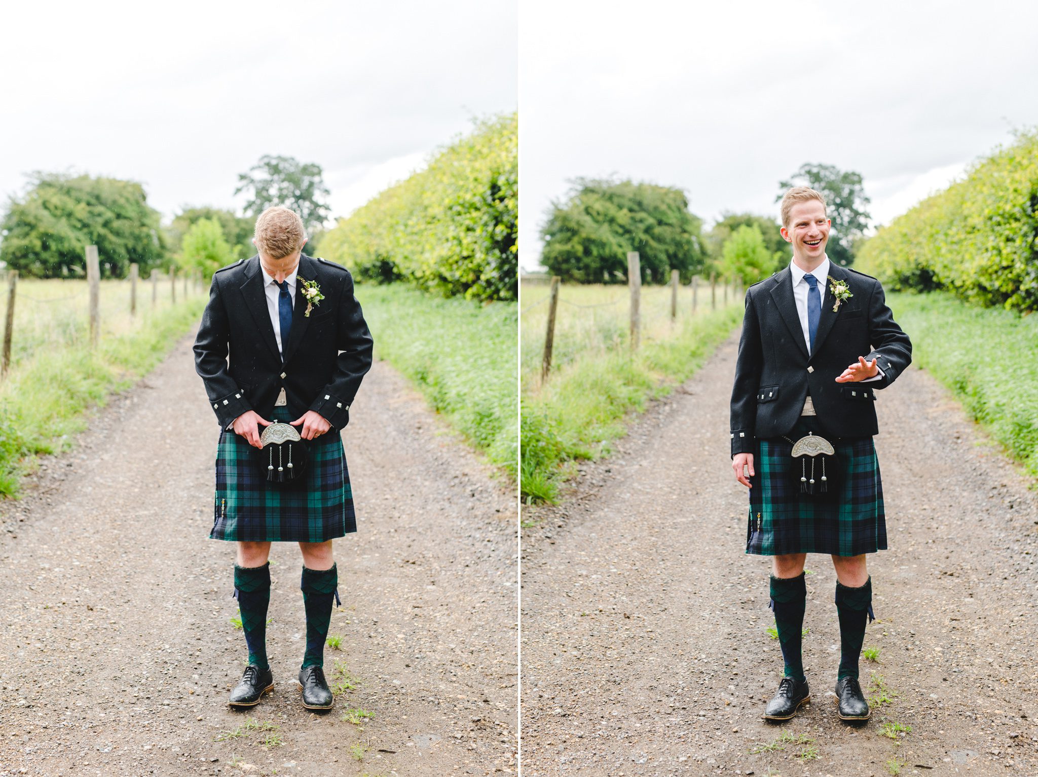 Groom wearing a kilt at the Great Tythe Barn