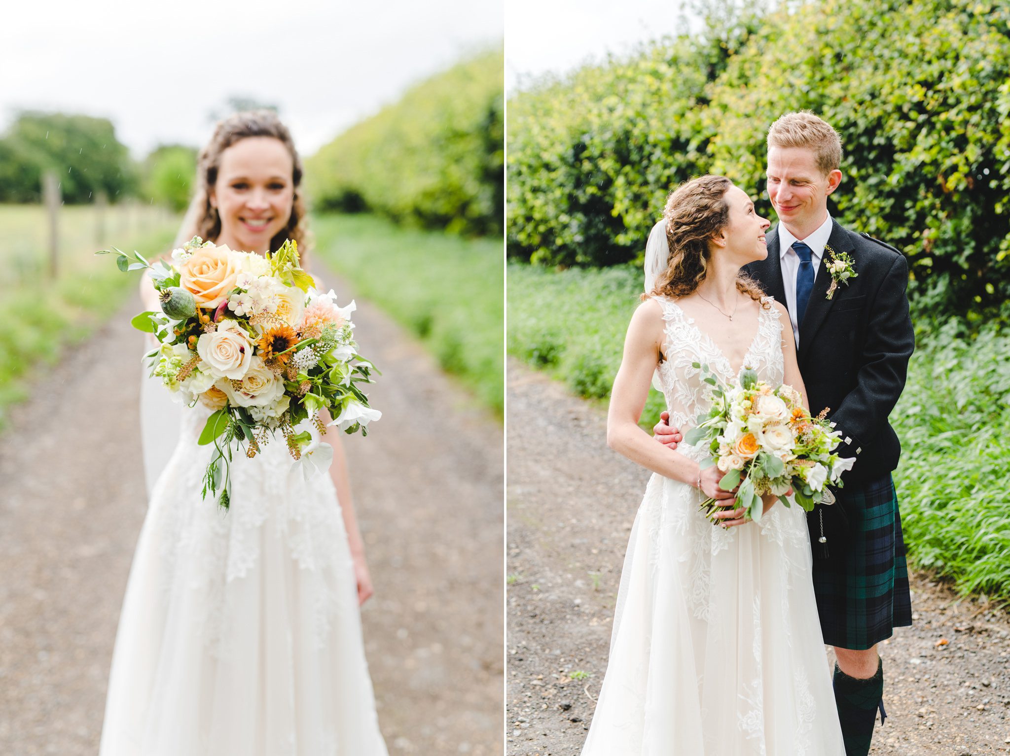 A bride and groom by the donkeys at gtb near tetbury