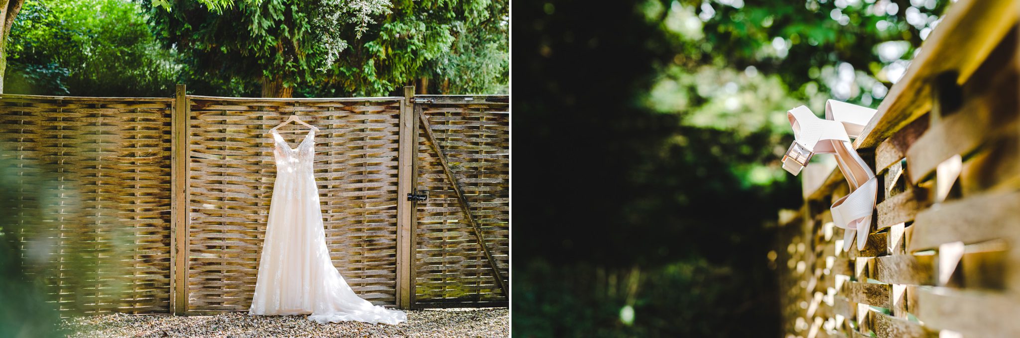 Wedding dress hanging up at The Great Tythe Barn