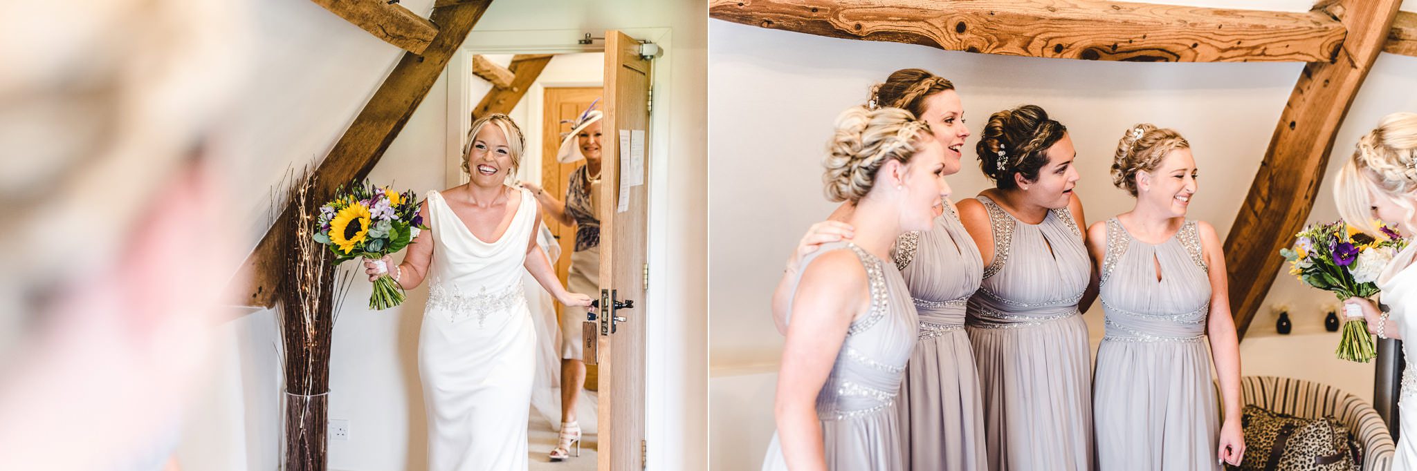 A Kingscote Barn bride seeing her bridesmaids on her wedding day