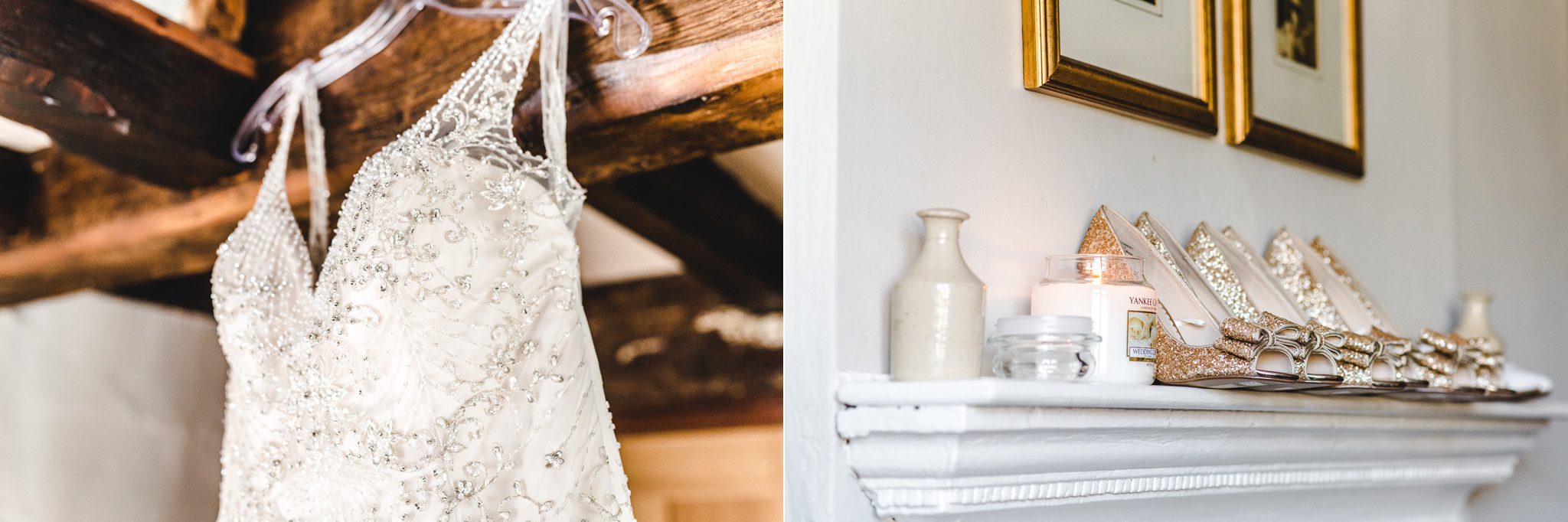 Brides sparkly wedding dress handing up with shoes