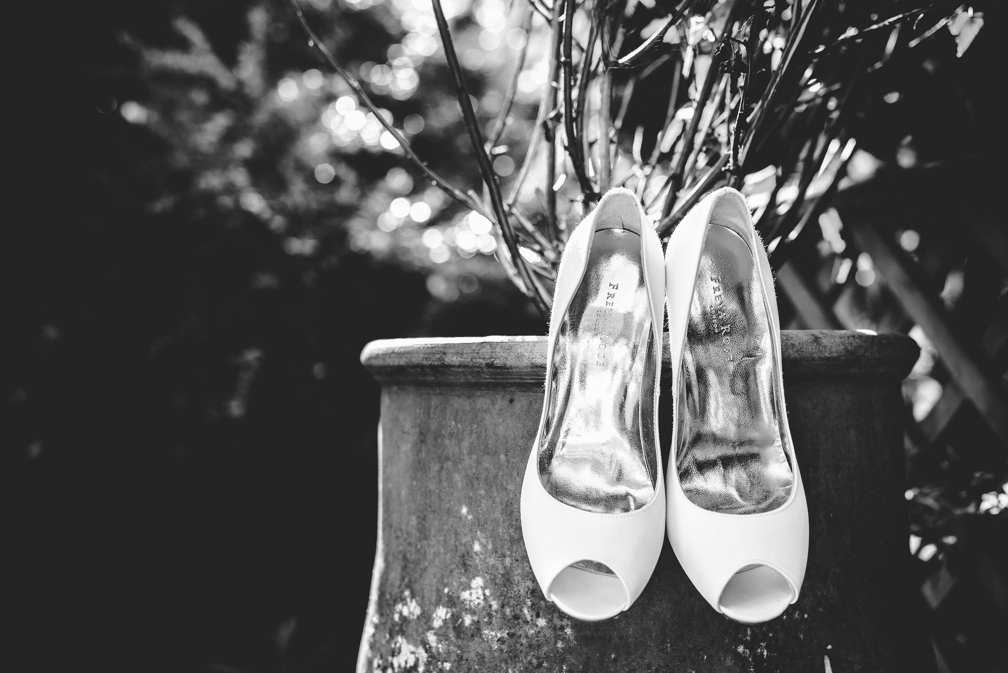 Wedding shoes hanging from a tree