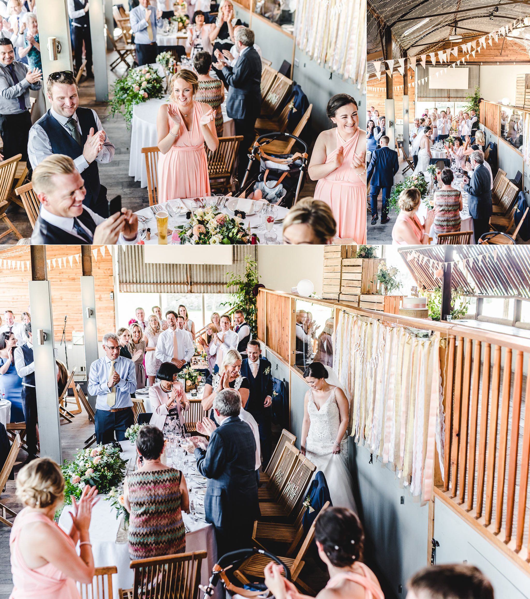 Bride and Groom entering their wedding reception at stone barn