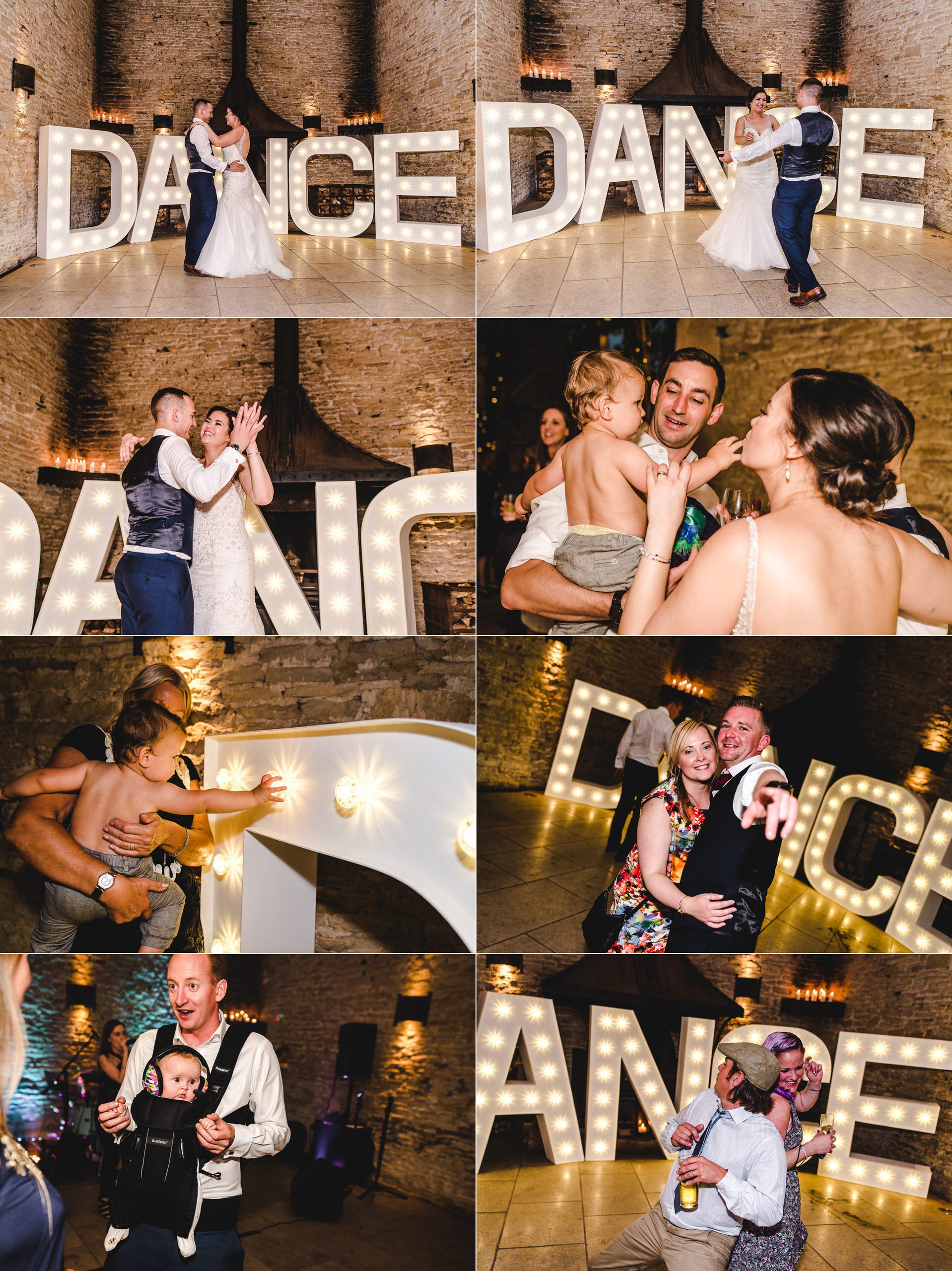 Bride and groom and wedding guests dancing at stone barn