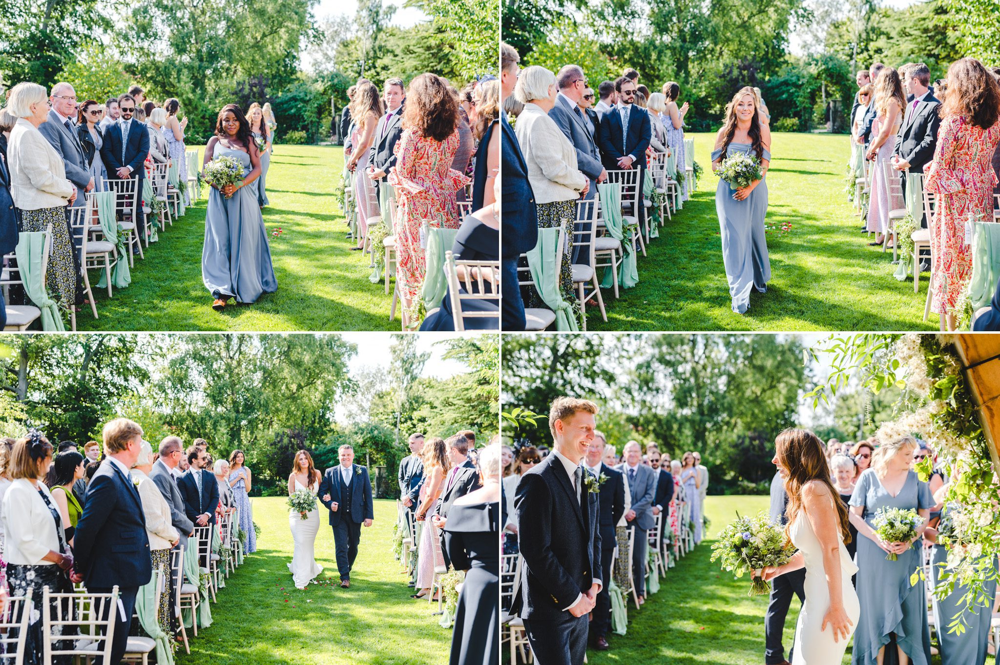 Bride walking down the aisle to her wedding outdoors at the great tythe barn