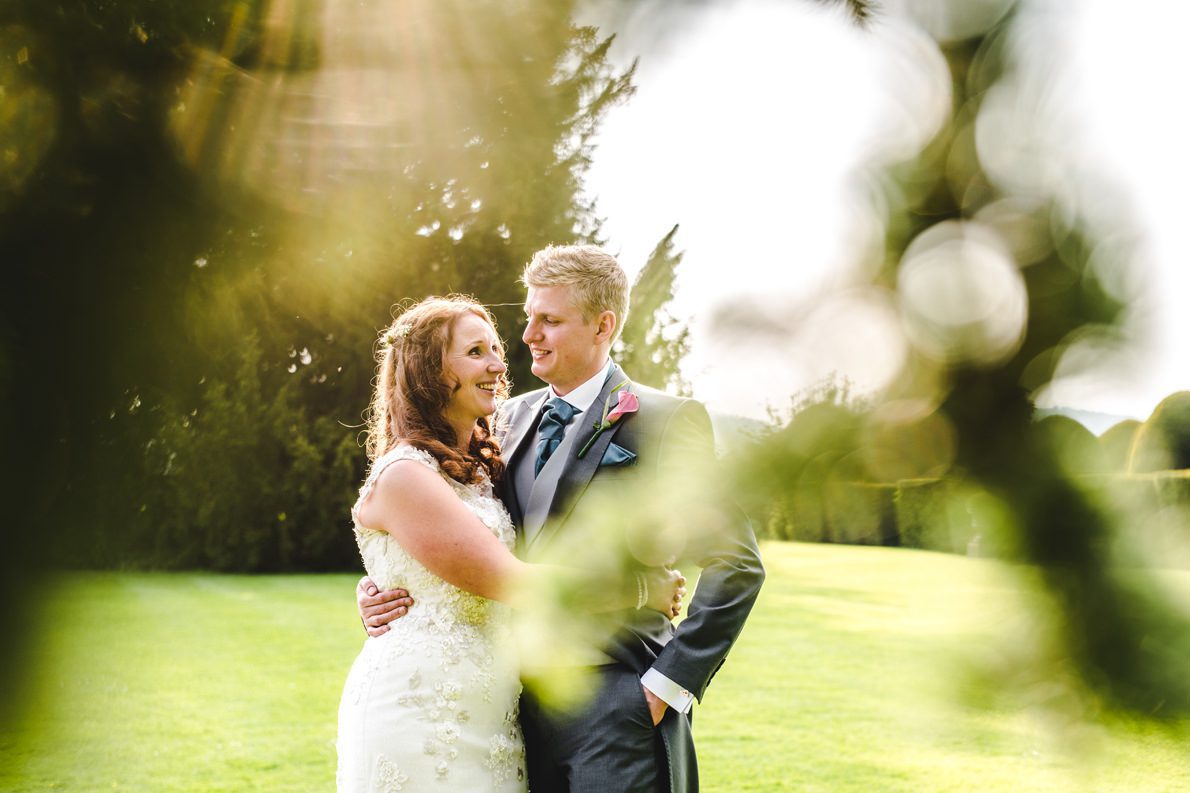 A couple in nice light at Birtsmorton Court on their wedding day