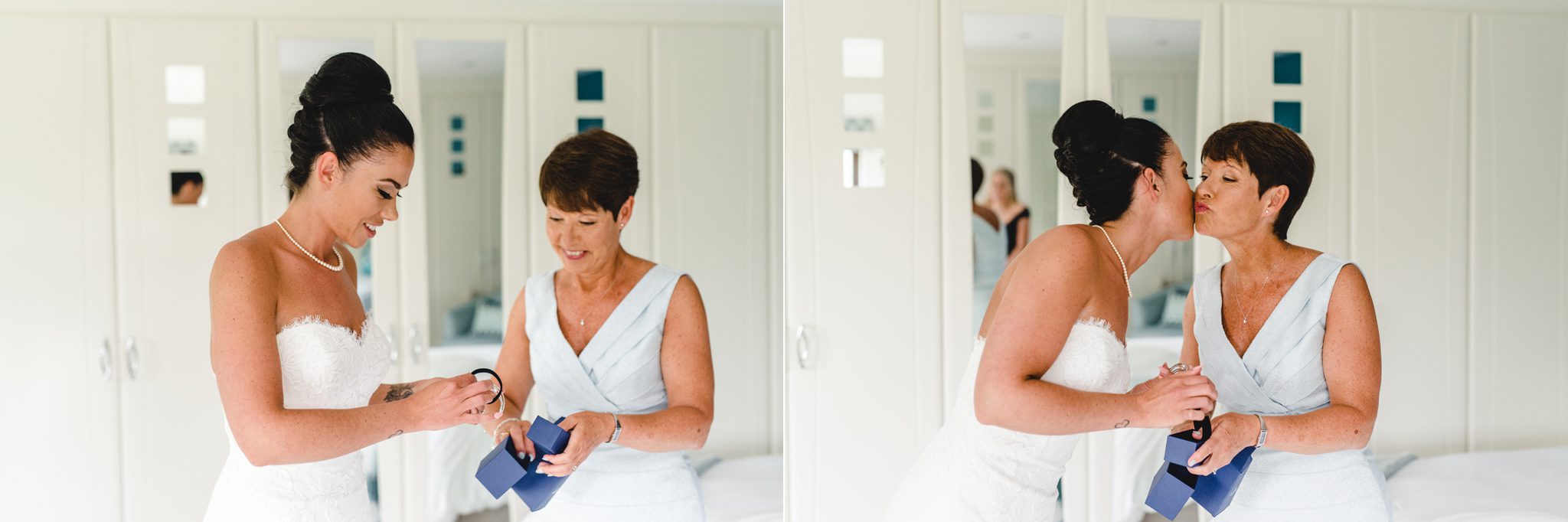 bride and mum before upcote barn ceremony