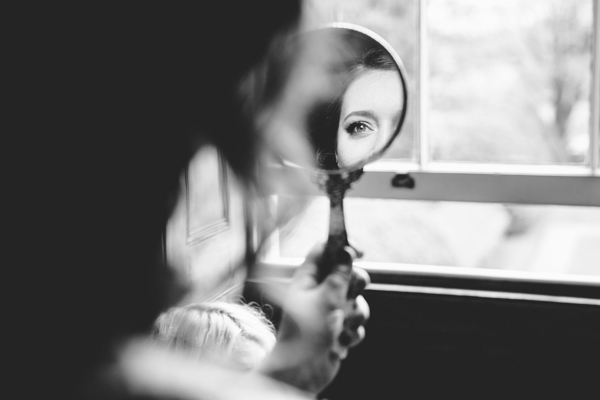 Reflection of brides eye in mirror