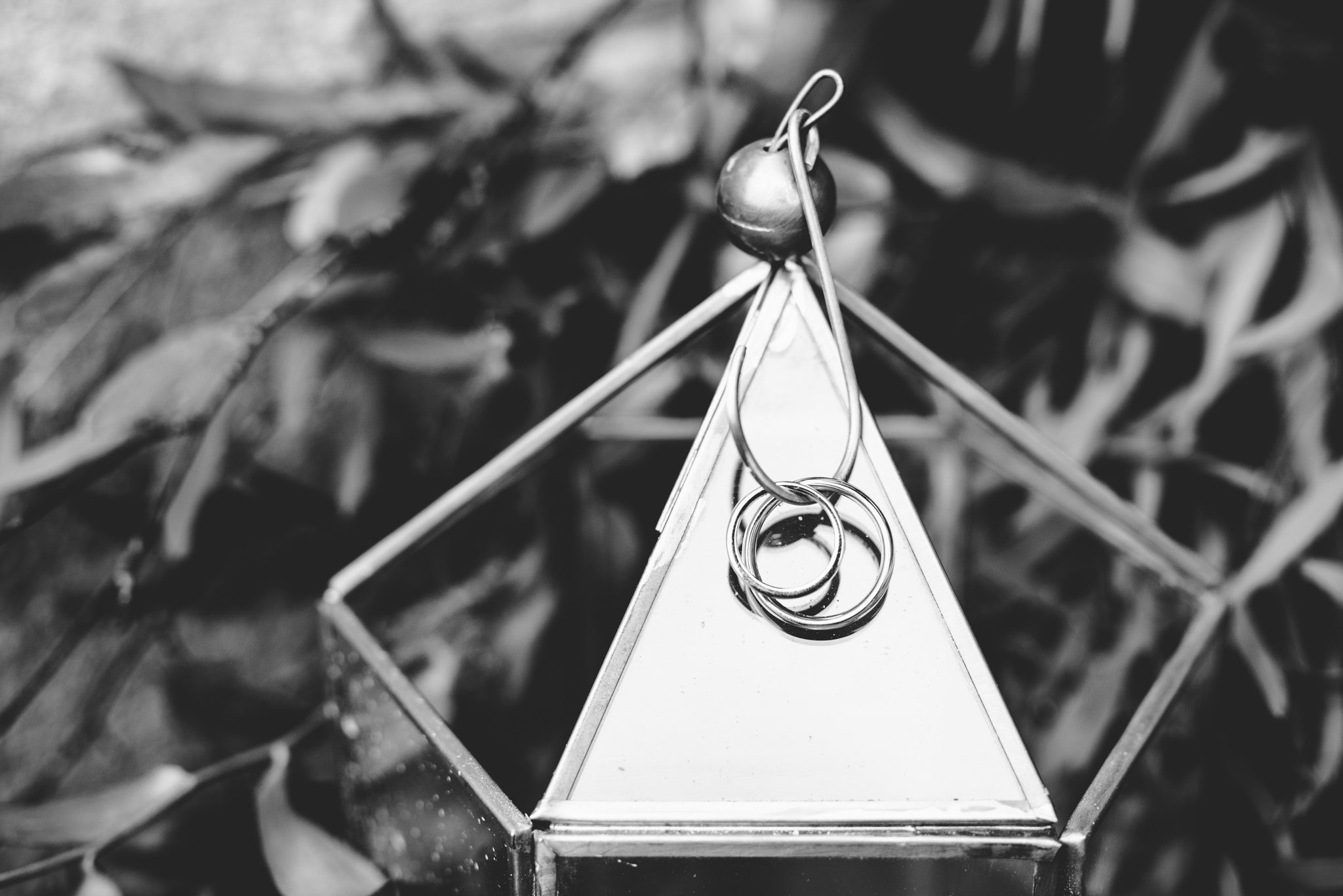 Wedding rings hanging on a lantern