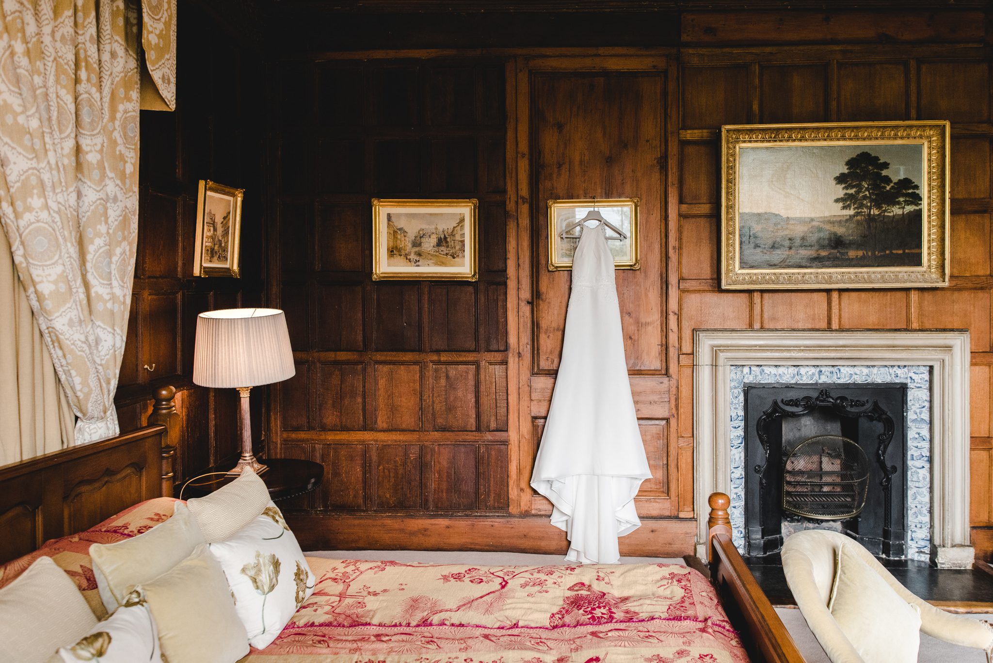 Wedding dress hanging up at Elmore Court Wedding venue