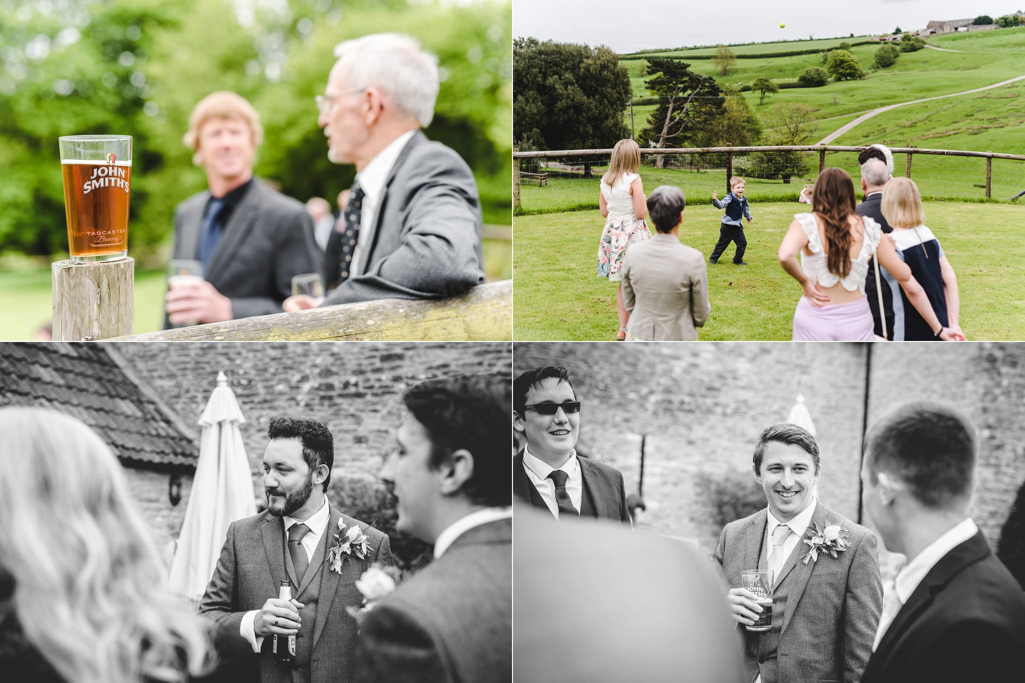 Natural wedding photographs of guests at Kingscote Barn