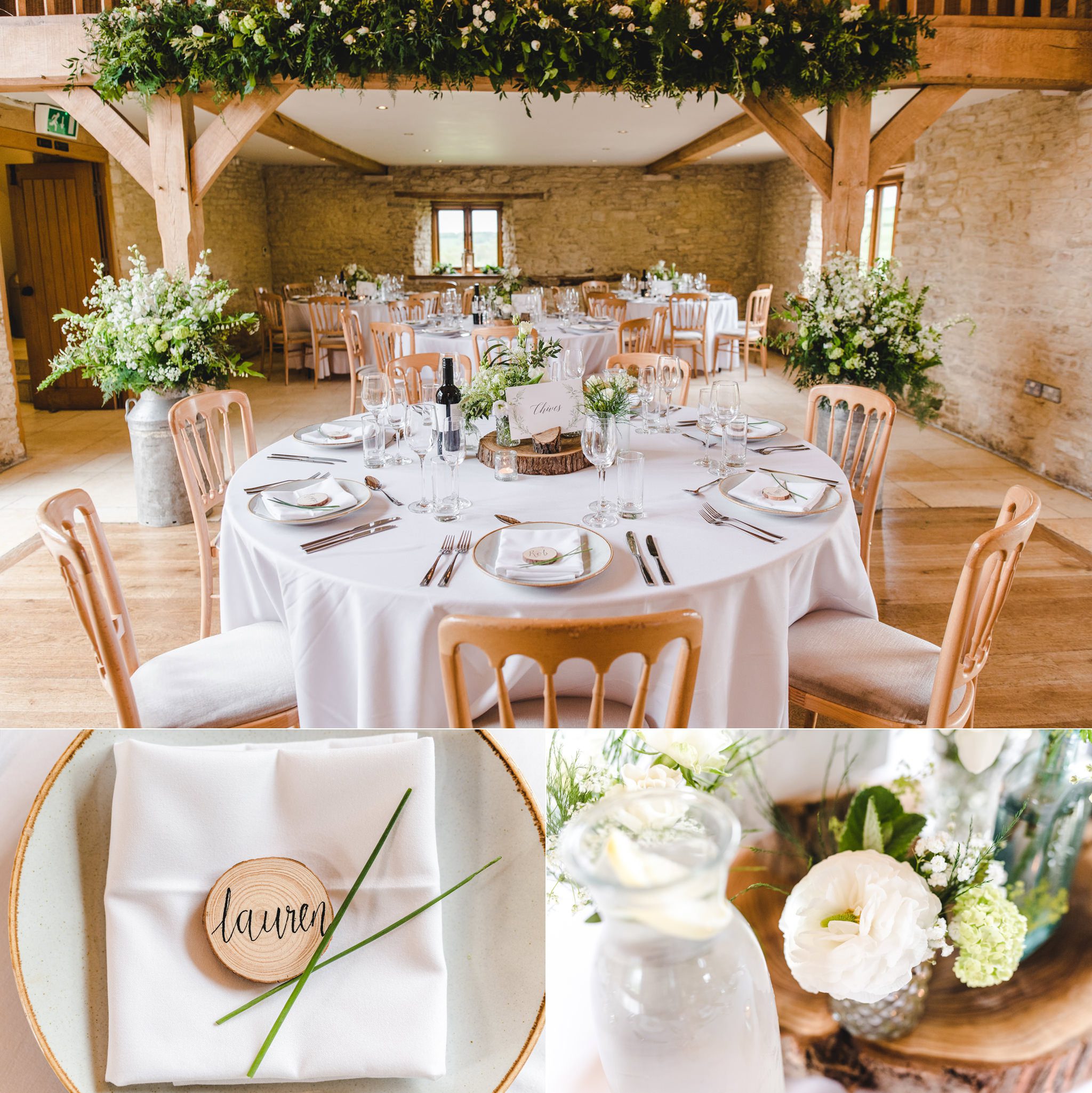 Wedding breakfast set up at Kingscote Barn