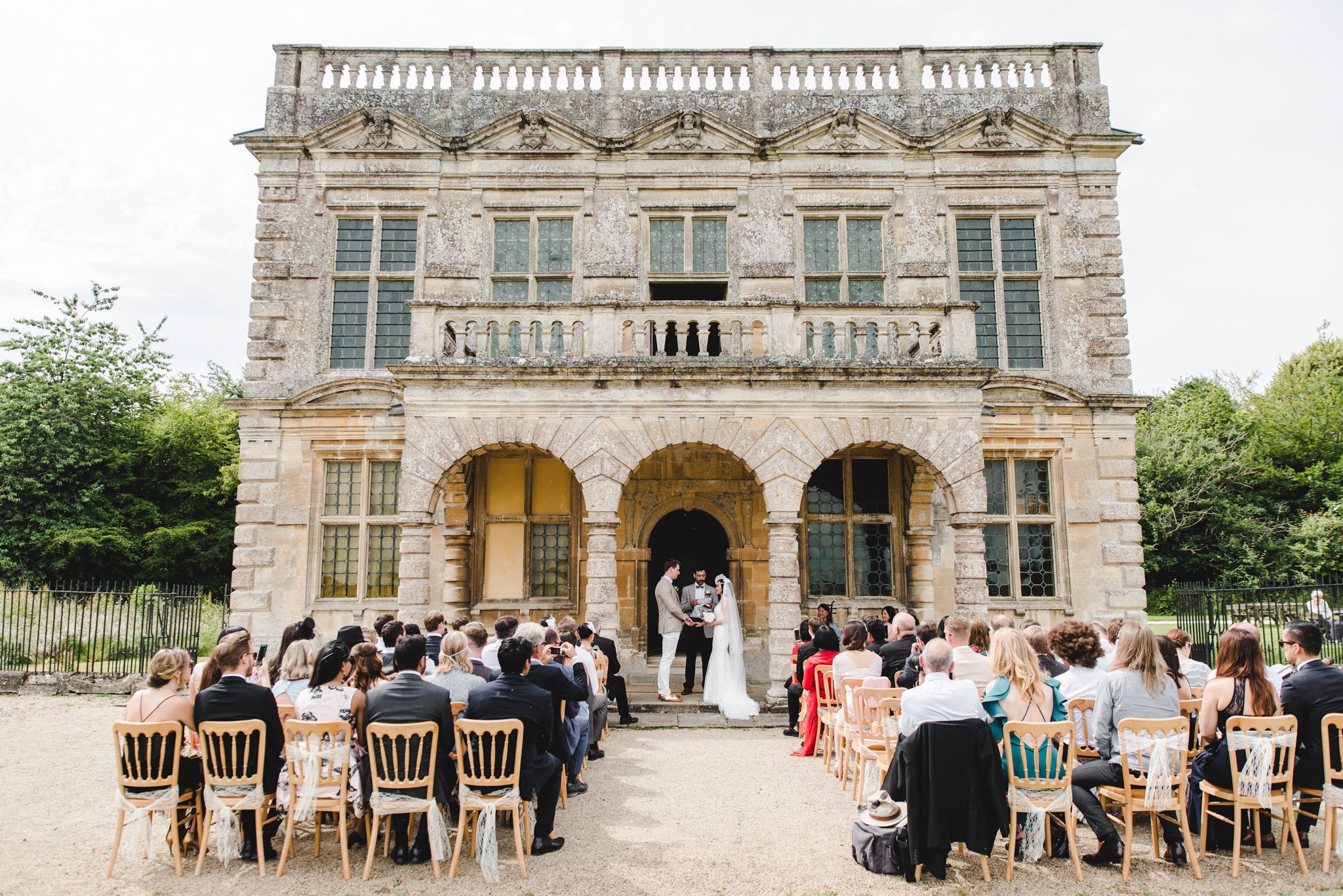 Wedding ceremony at Lodge Park's front entrance