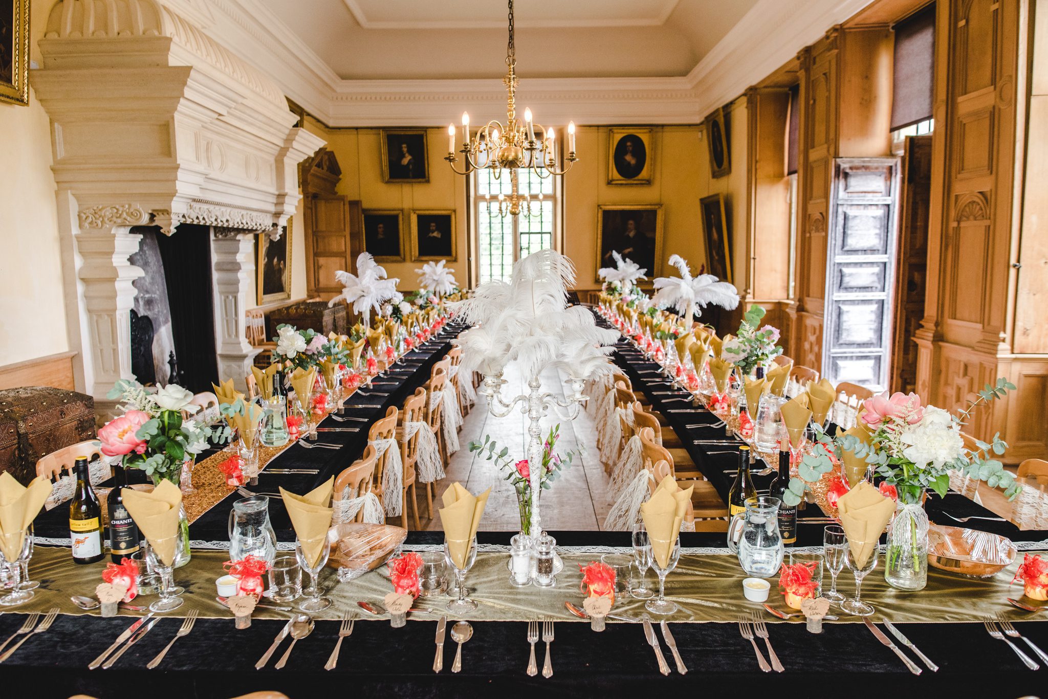 Chinese decorated wedding breakfast room at Lodge Park Wedding Venue