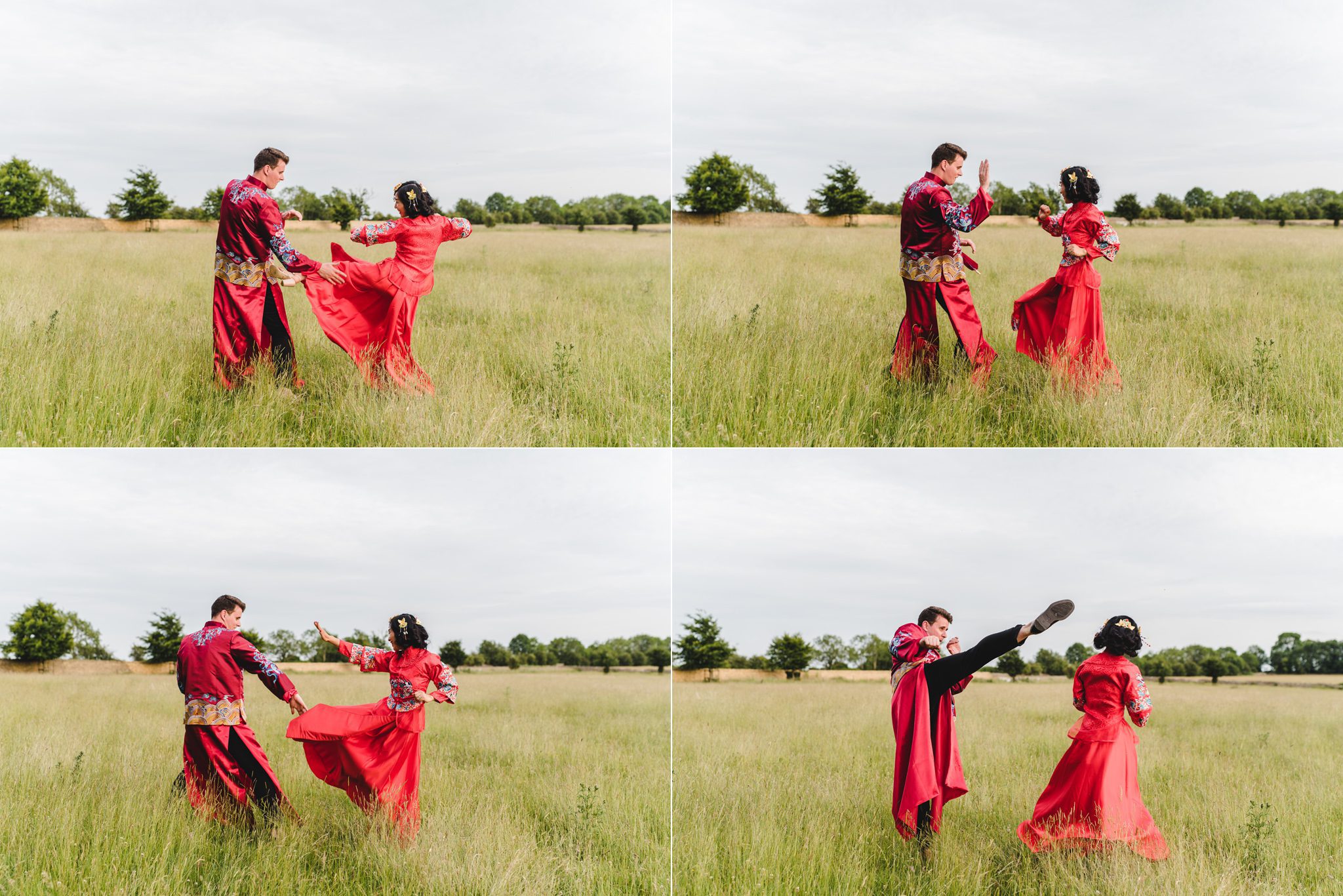 A wedding couple dressed in Chinese clothes at Lodge Park in the Cotswolds