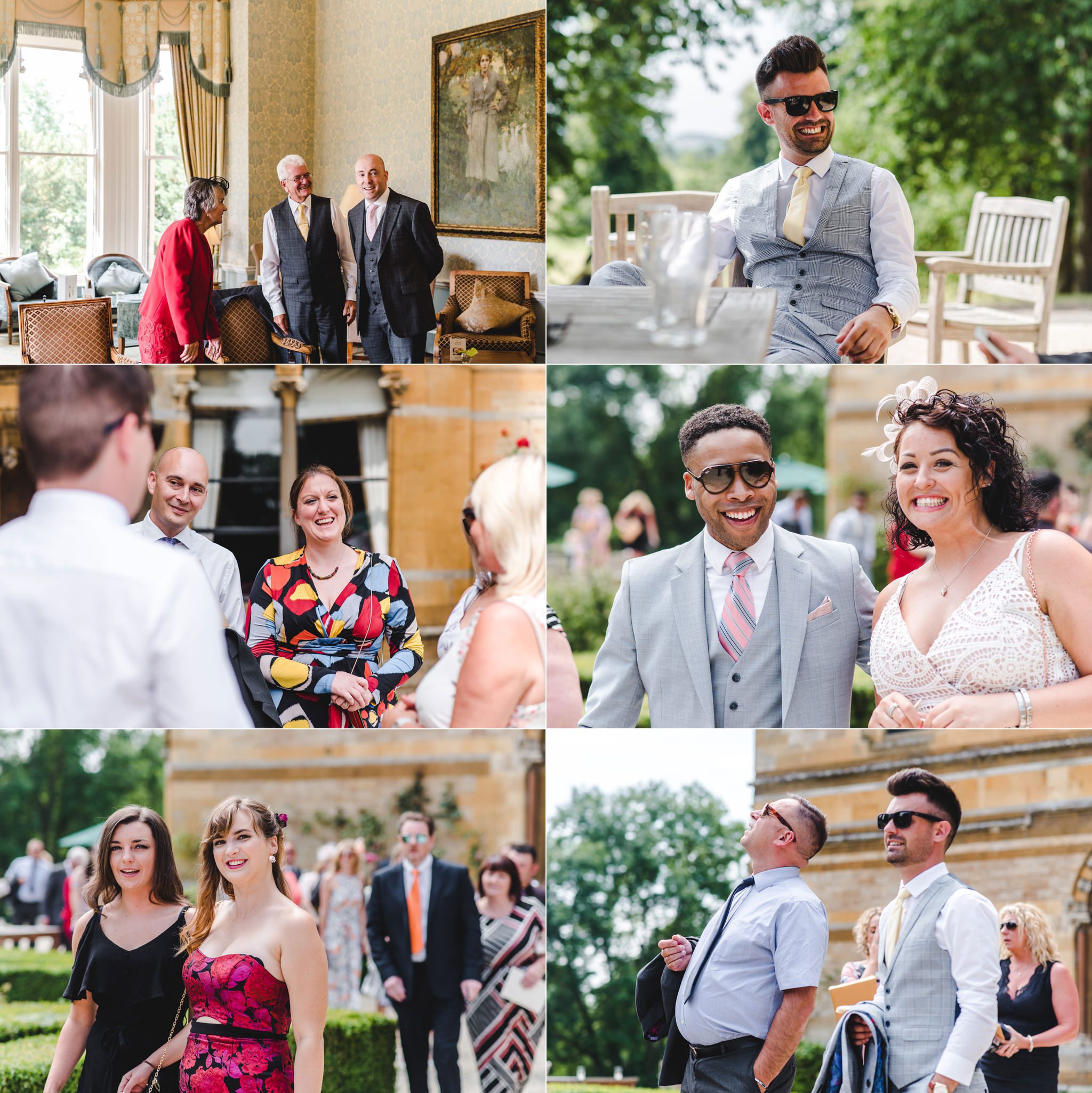 Candid relaxed pictures of wedding guests at Ettinton Park Hotel