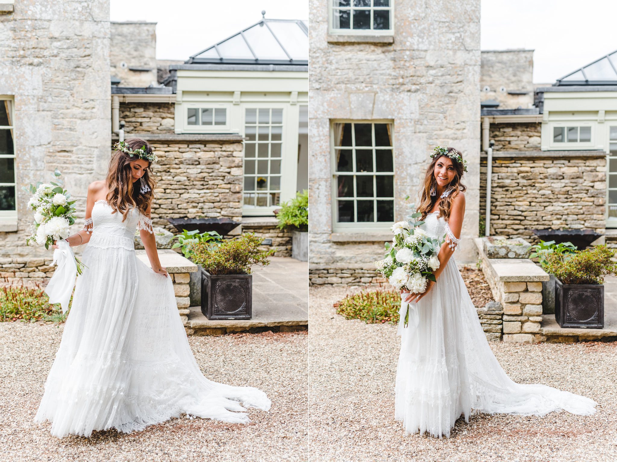 Bridal boho standing on her own at the great tythe barn