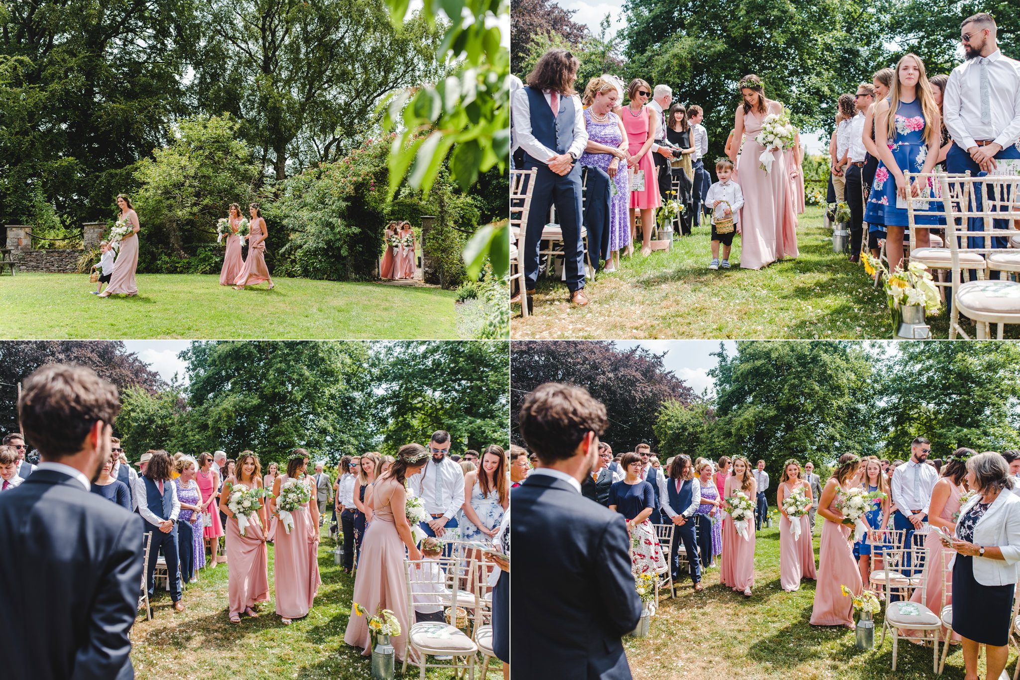 Bridesmaids and bride with her father walking to the outdoor ceremony