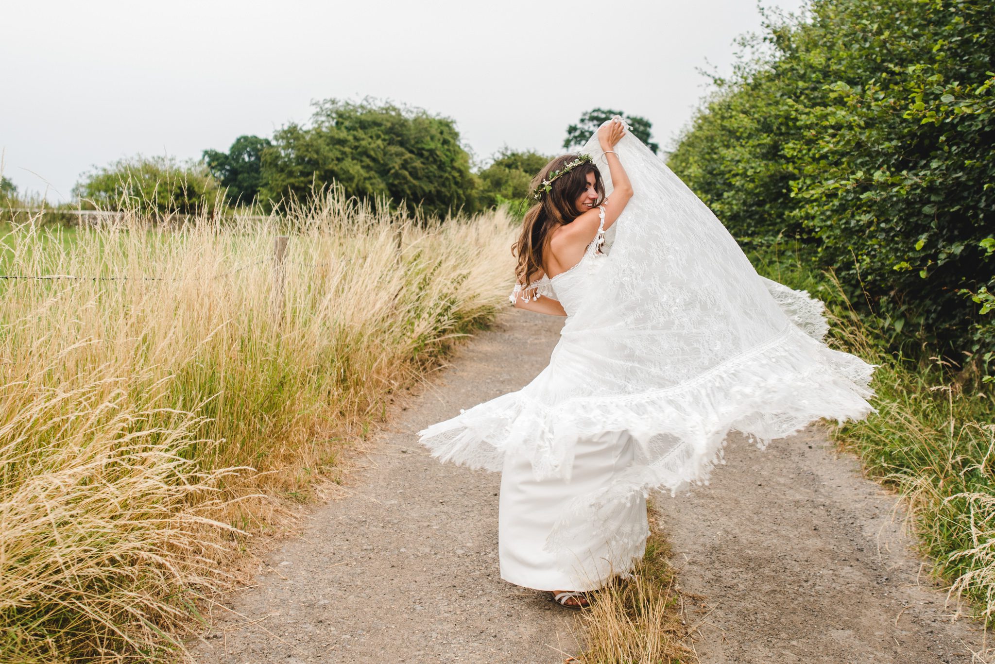 Bride swinging her dress around