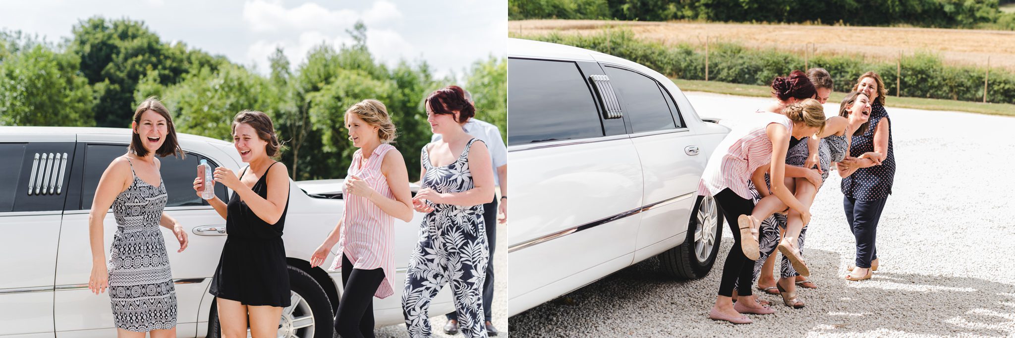 Bride and bridesmaids getting out of a limousine