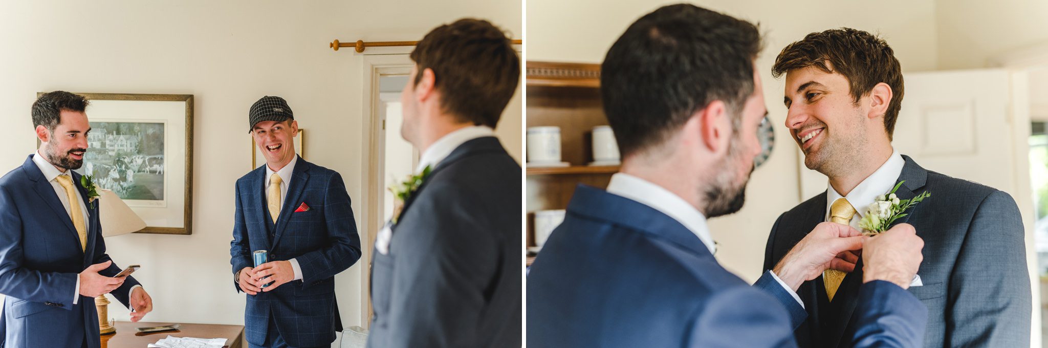Groomsmen attaching buttonholes in the Cotswolds