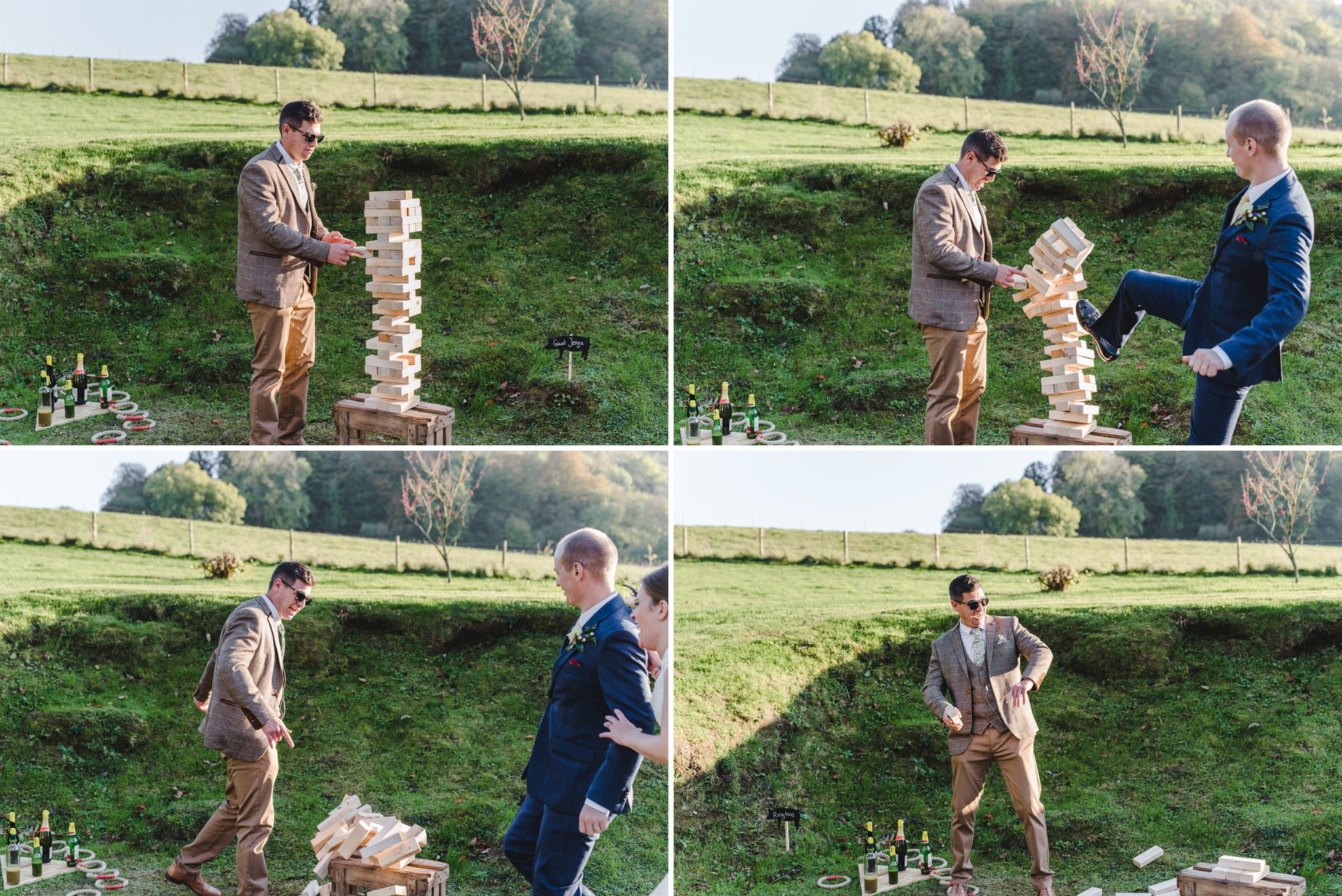 Jenga kicked over by the groom at a wedding