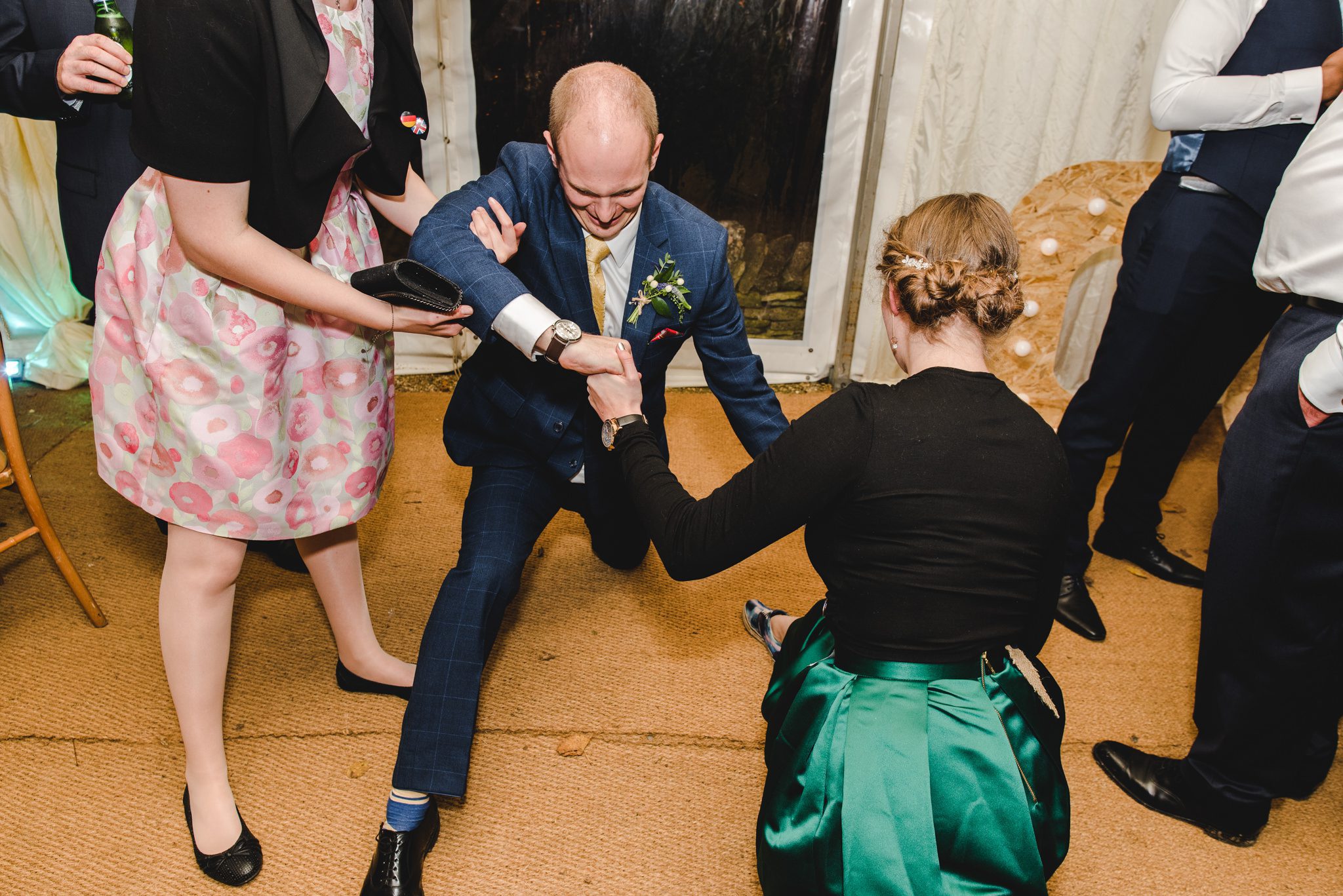 Wedding guests dancing at Owlpen Manor