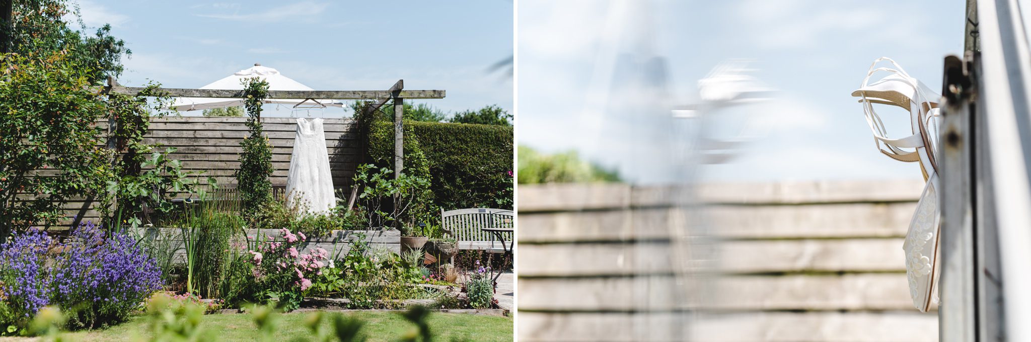 wedding ress hanging on a wooden structure