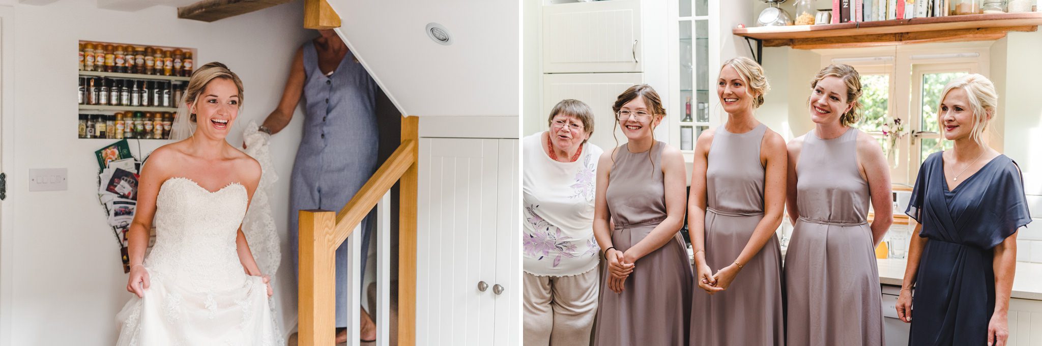 A bride being greeted by her Bridesmaids as she comes down the stairs