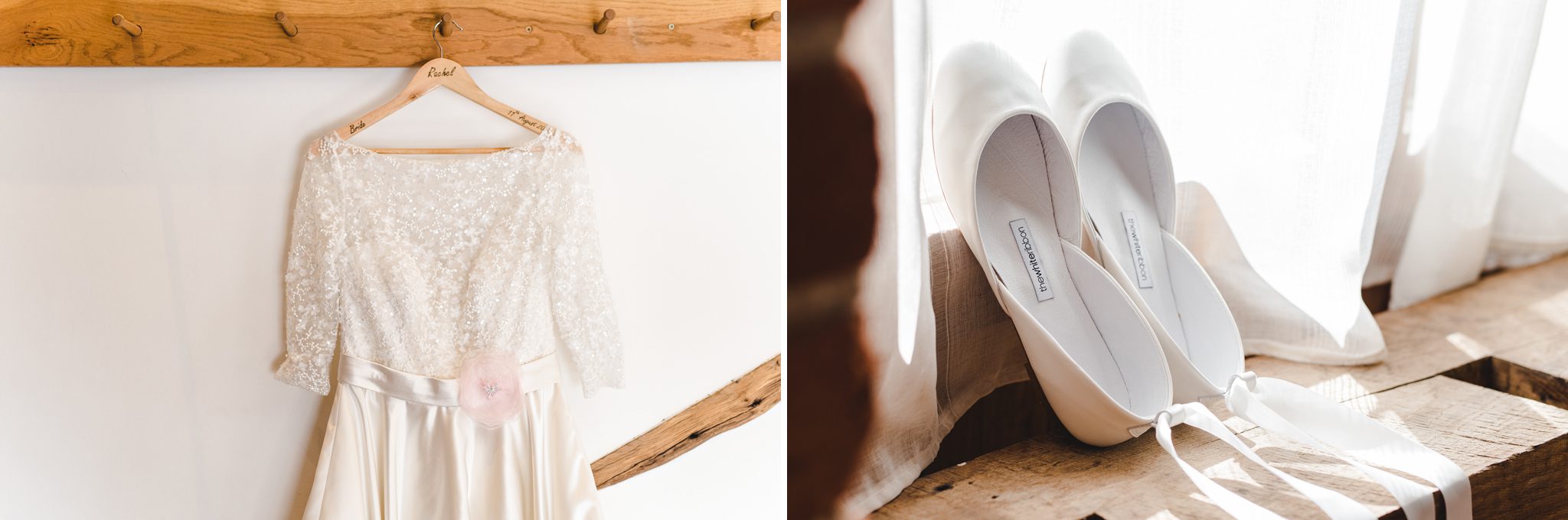 Dress and shoes hung up at a Curradine Barns wedding