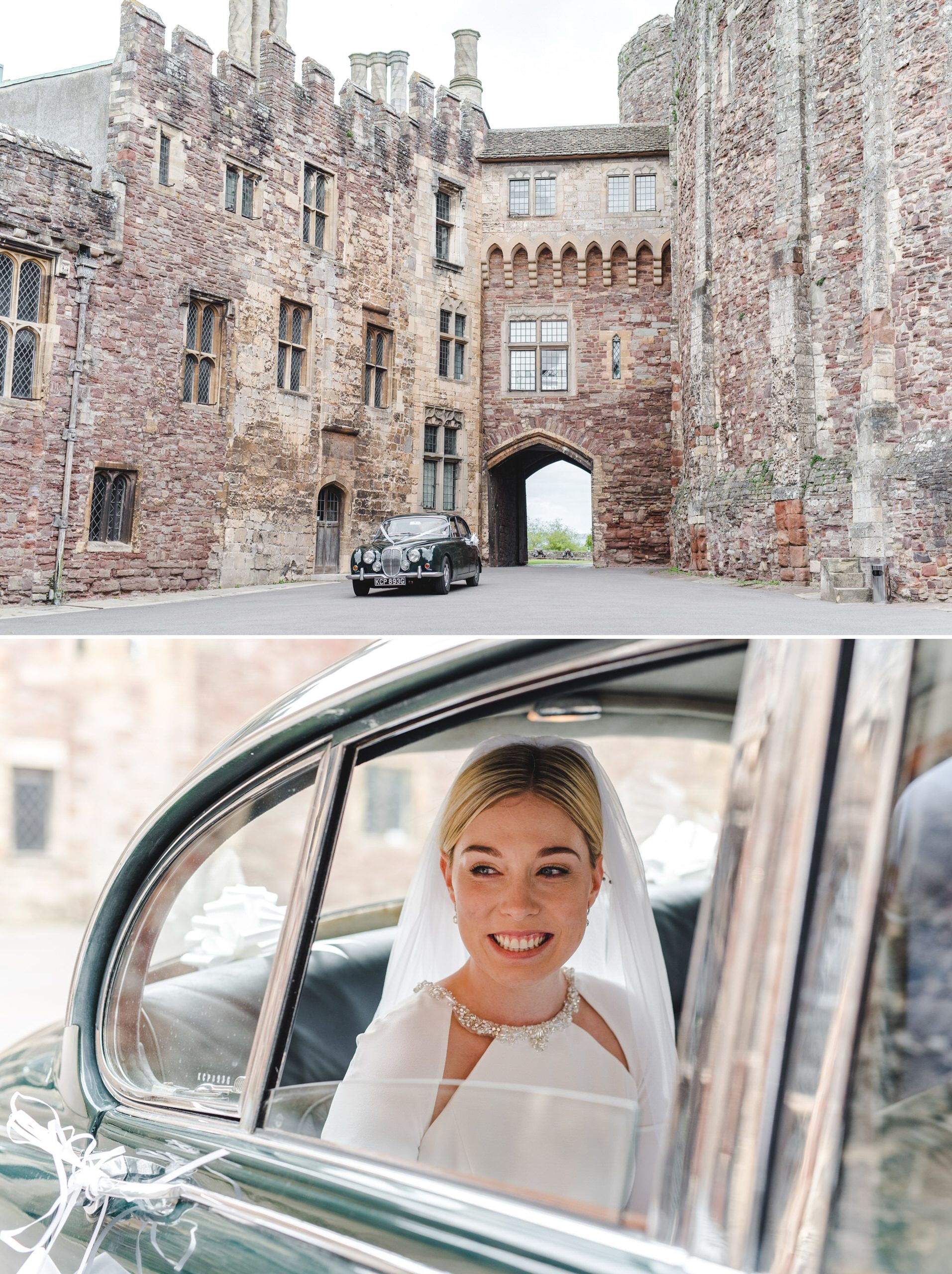 Bride arriving for a wedding at Berkeley Castle in a green Jaguar