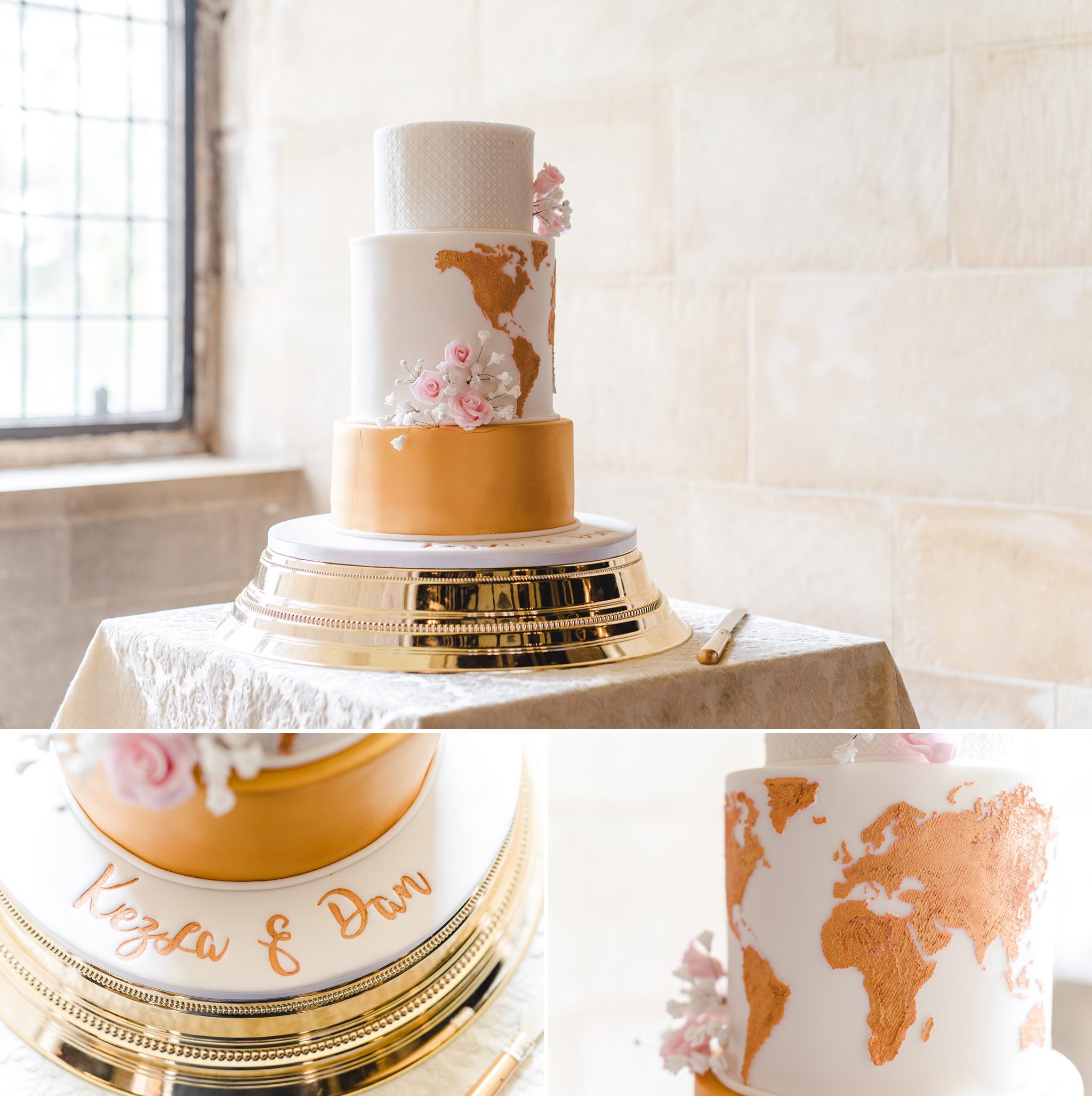 A wedding cake with a gold map of the world on it.