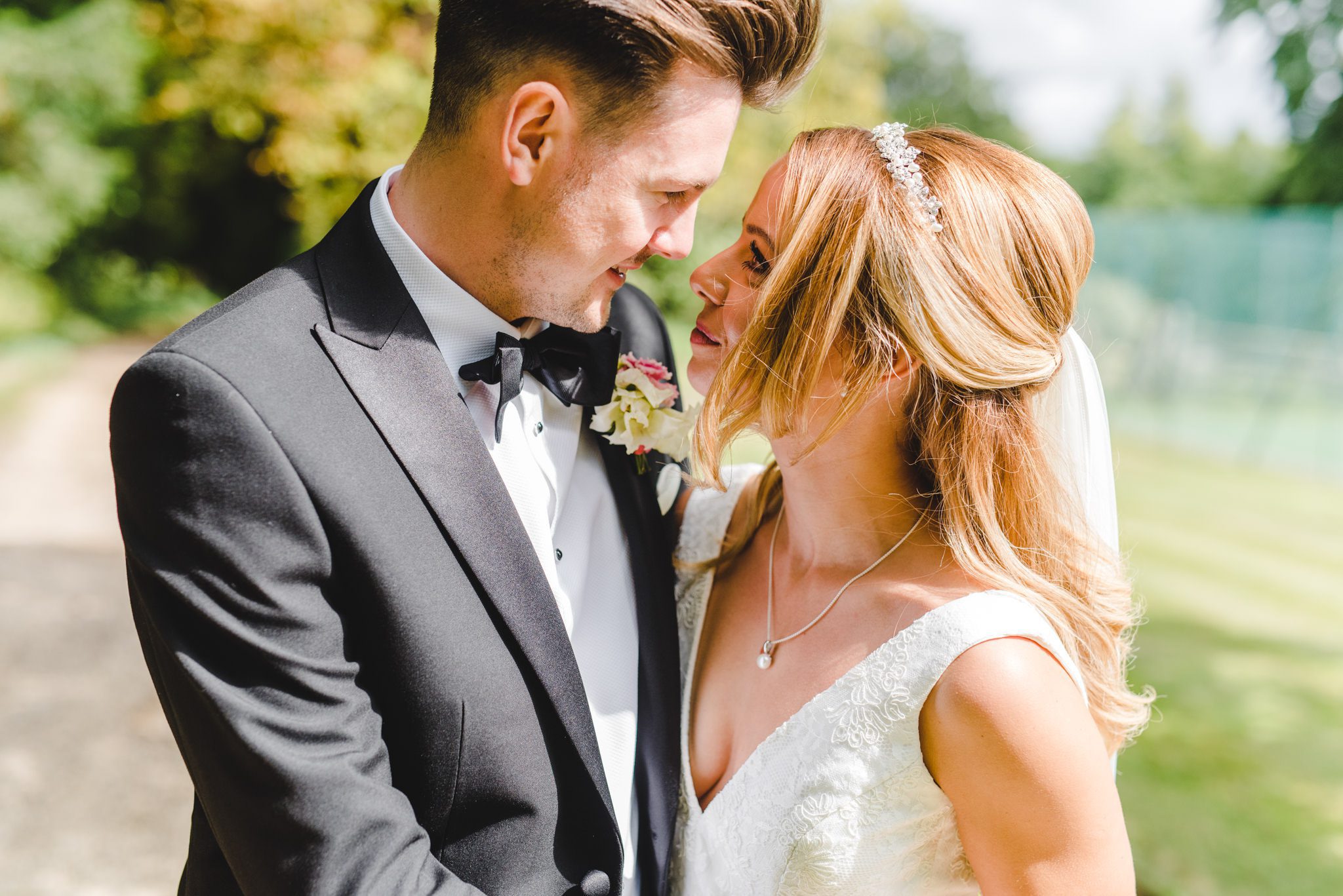 A bride and groom looking at each other