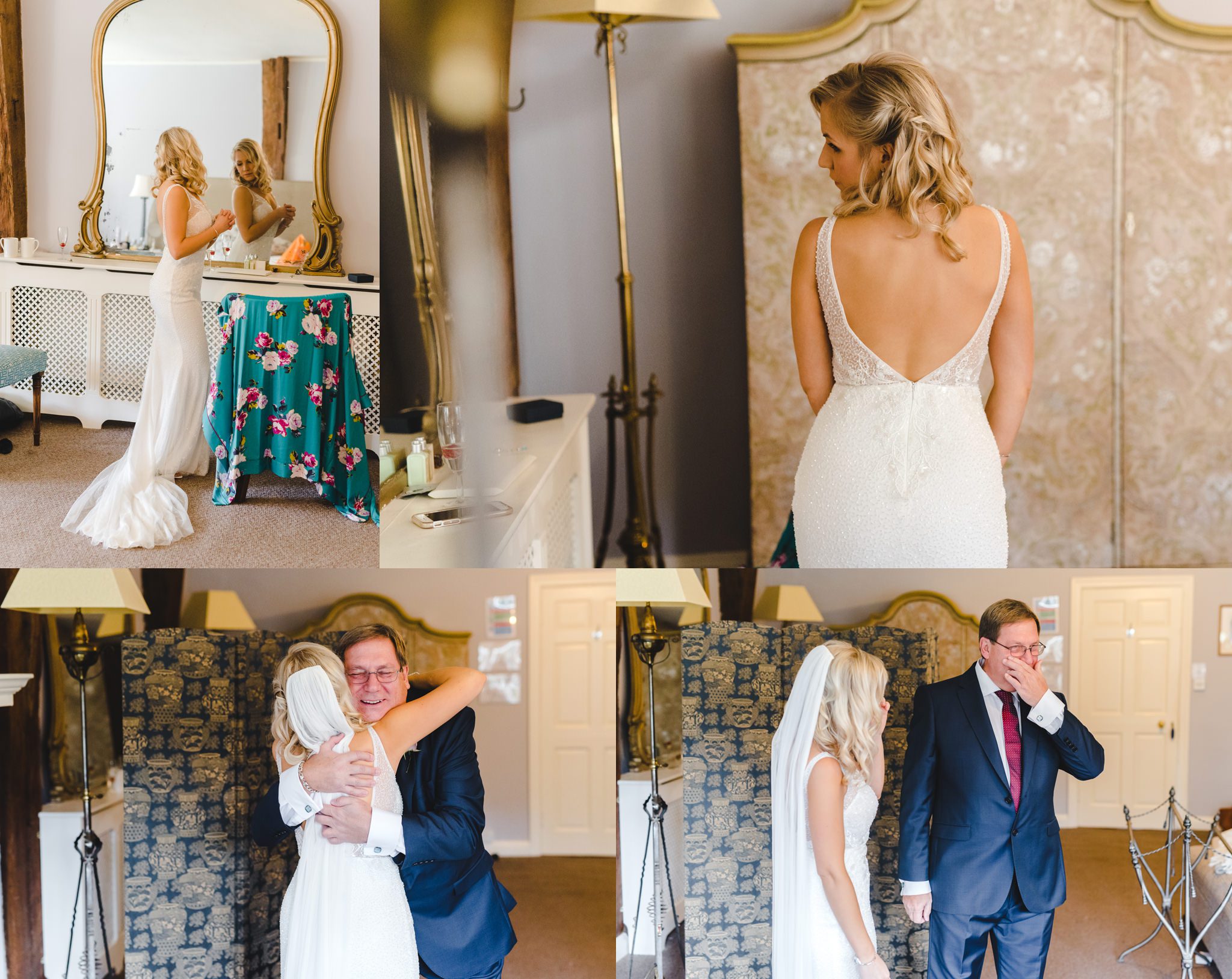 A bride's first look with her father after putting her wedding dress on at Brinsop Court