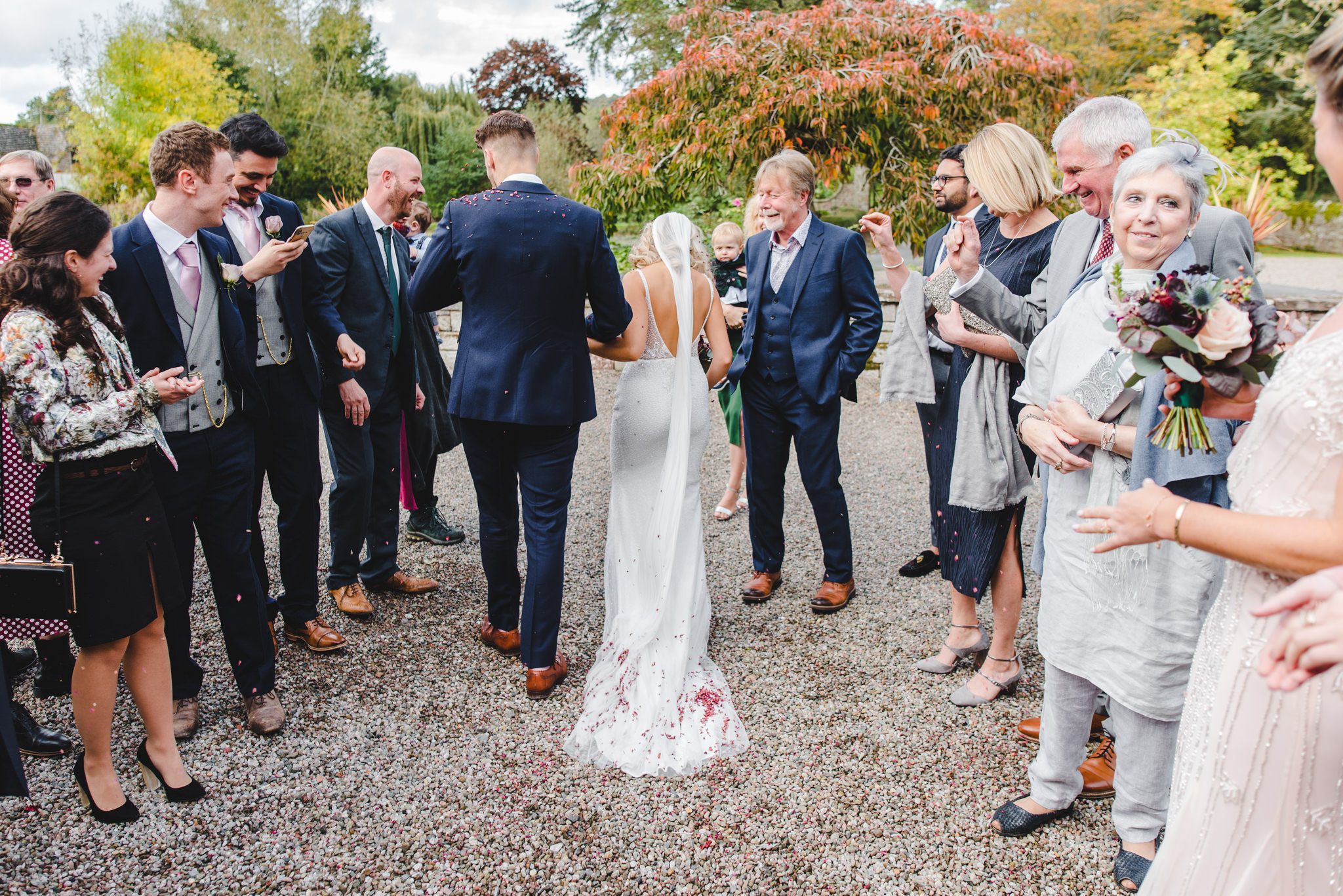 Confetti throwing on the bride and groom at Brinsop Court