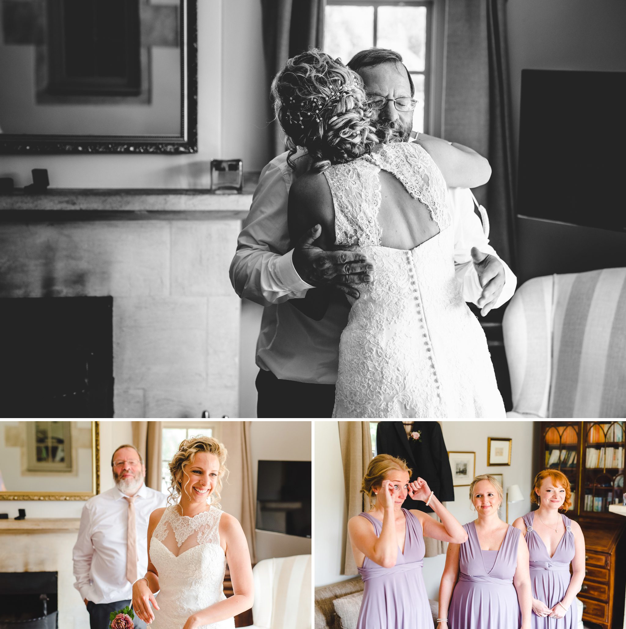 First look with father of the bride at Priston Mill