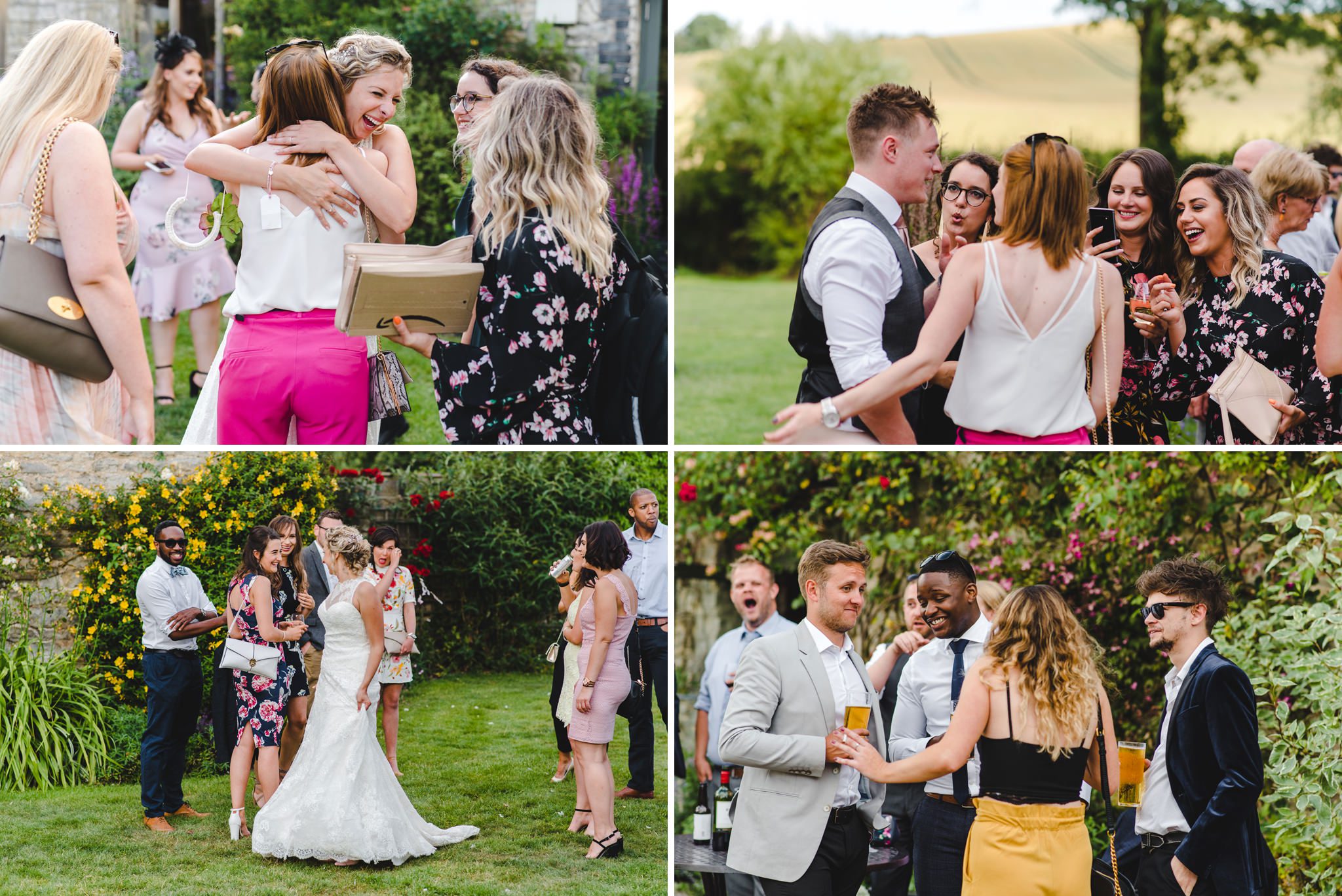 Wedding guests at Priston Mill barn