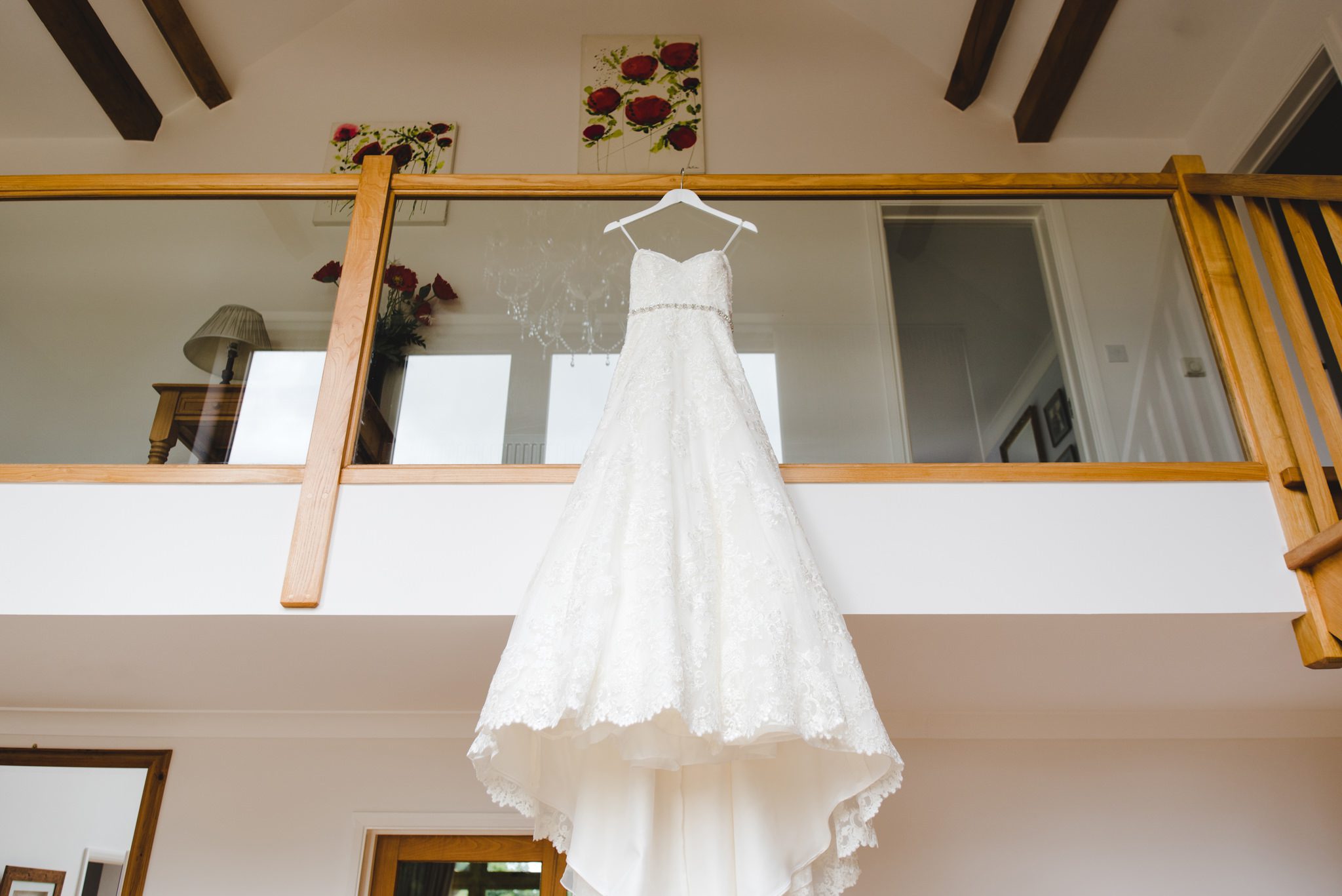 Wedding dress hanging up