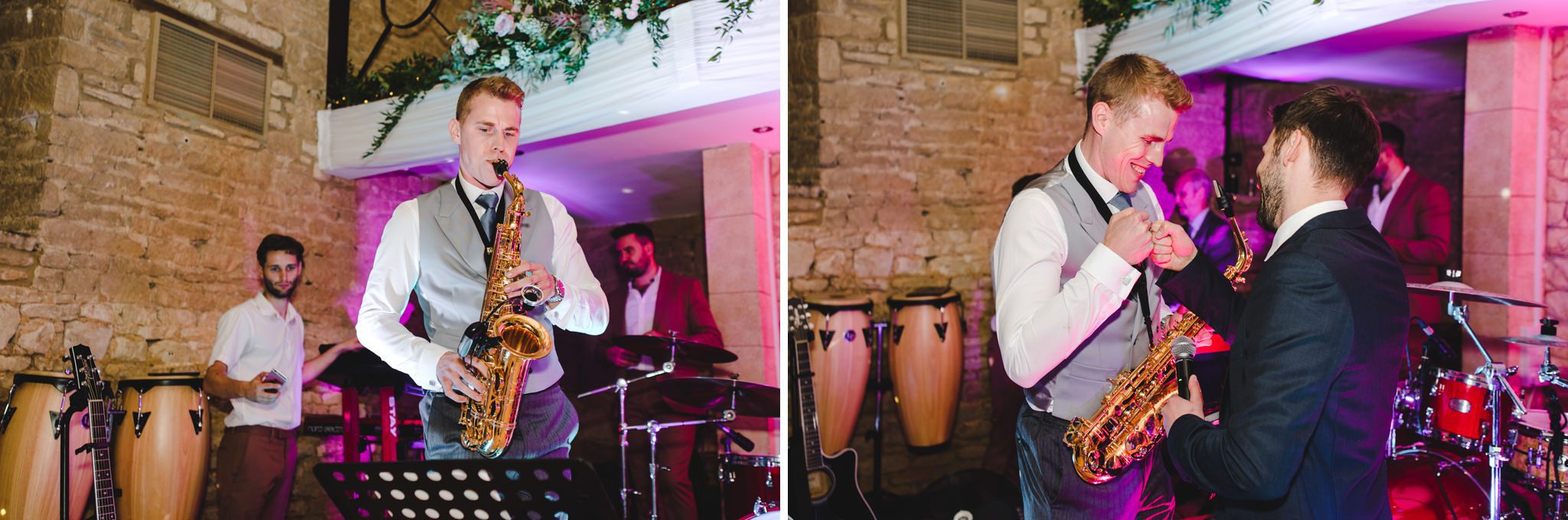 A groom playing saxophone at his wedding