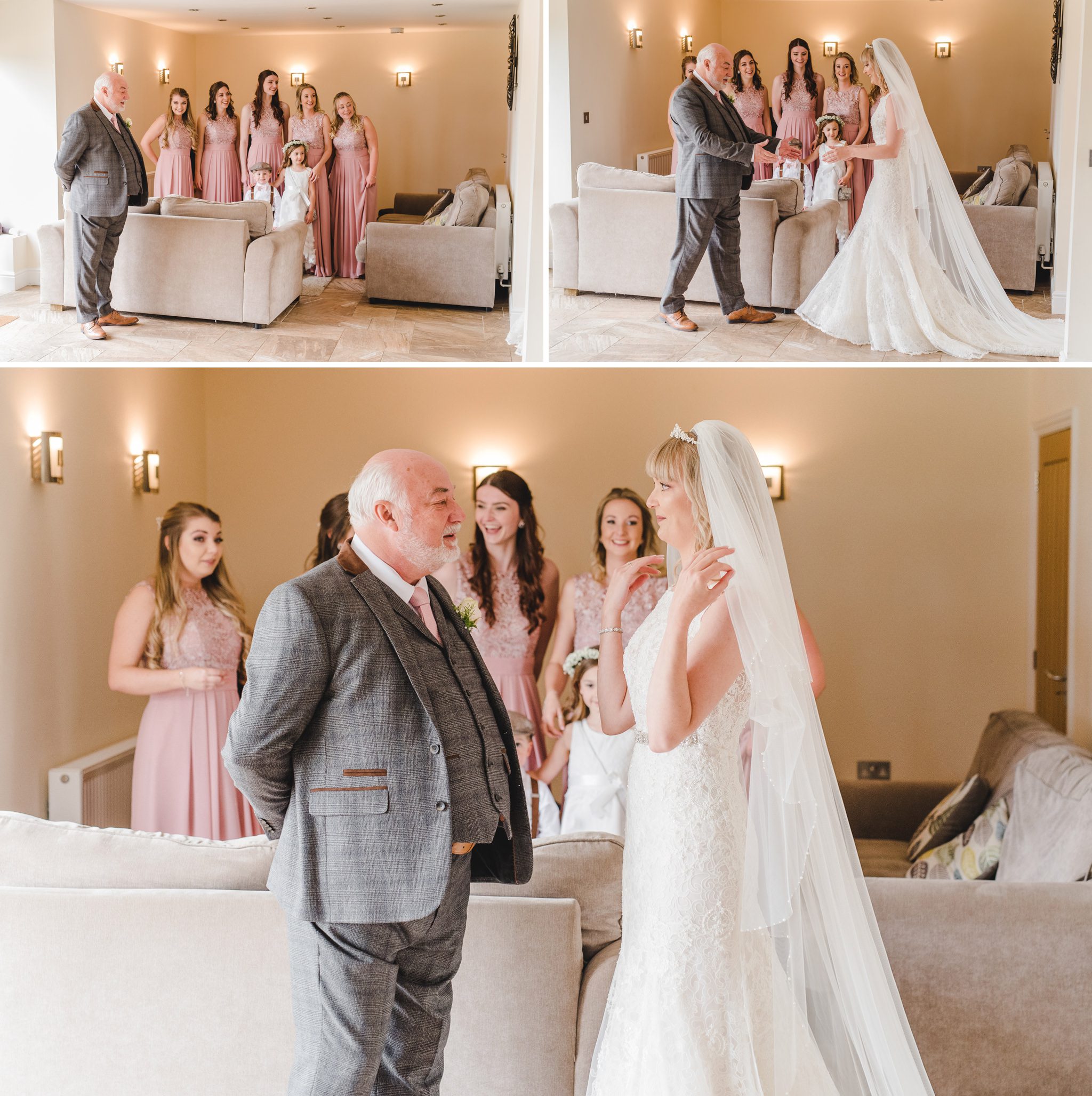 First look with bride andher father at a barn in the Cotswolds