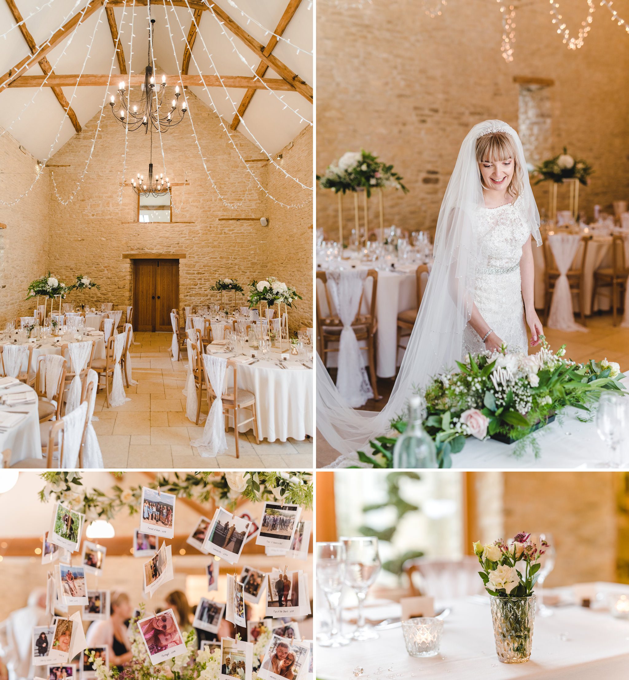 Wedding breakfast room set up at Kingscote Barn