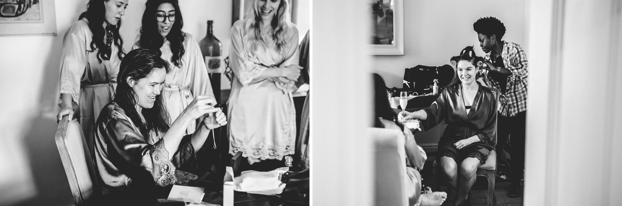 A bride being given gifts by her bridesmaids