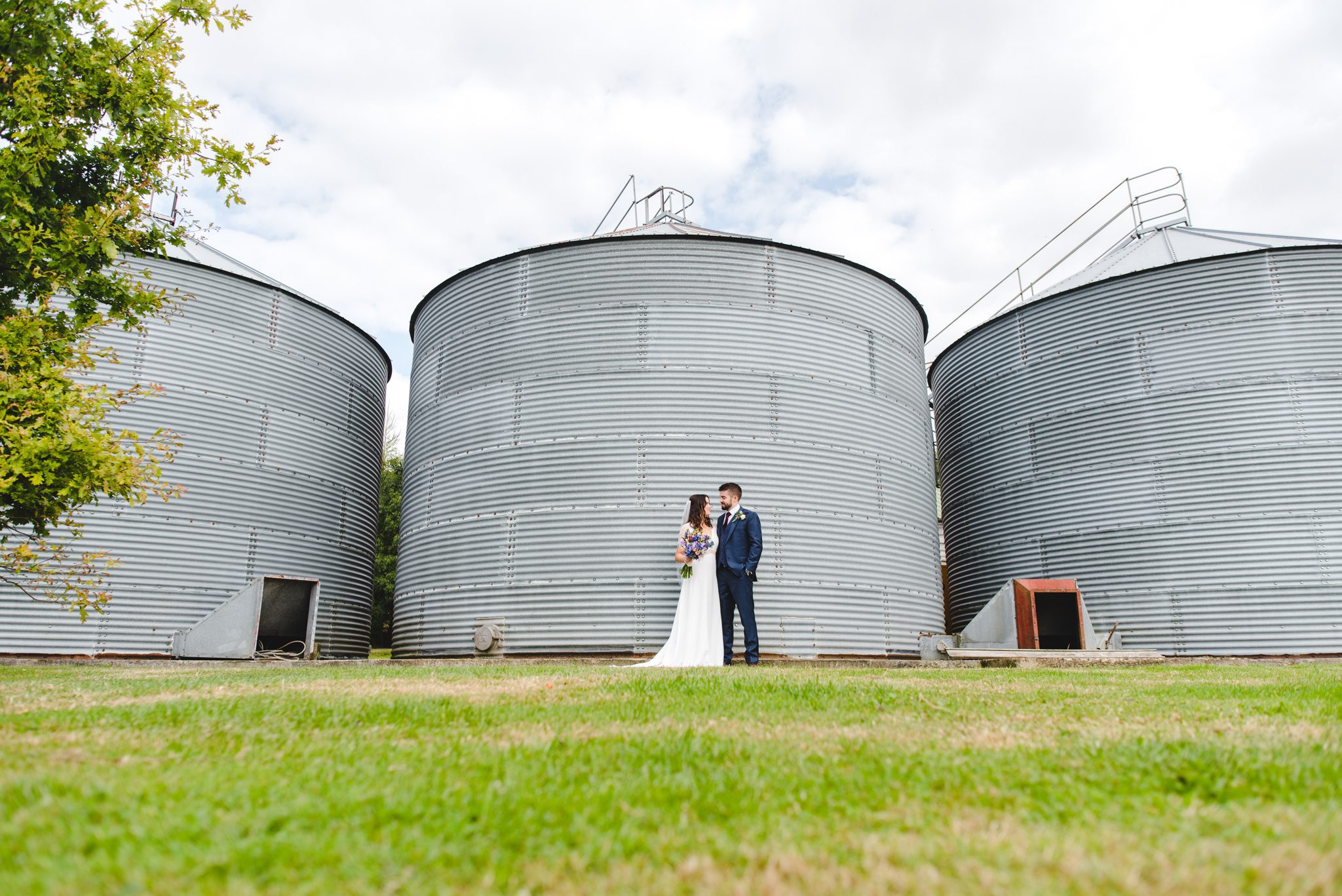 Bride and Groom at the silos at Merriscourt