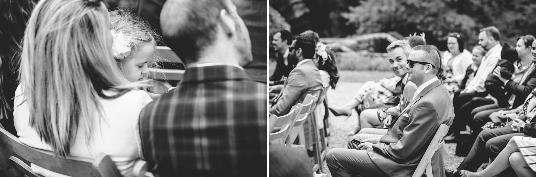 Black and whiteimage of guests at a wedding at Plas Dinam