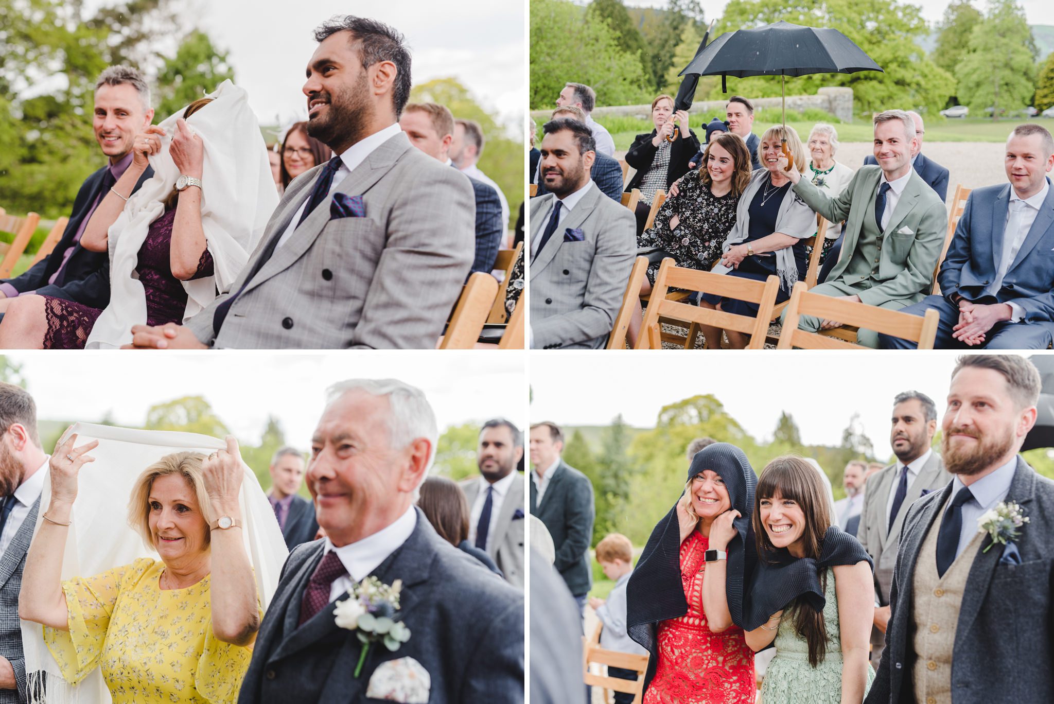 Guests getting rained on during a wedding