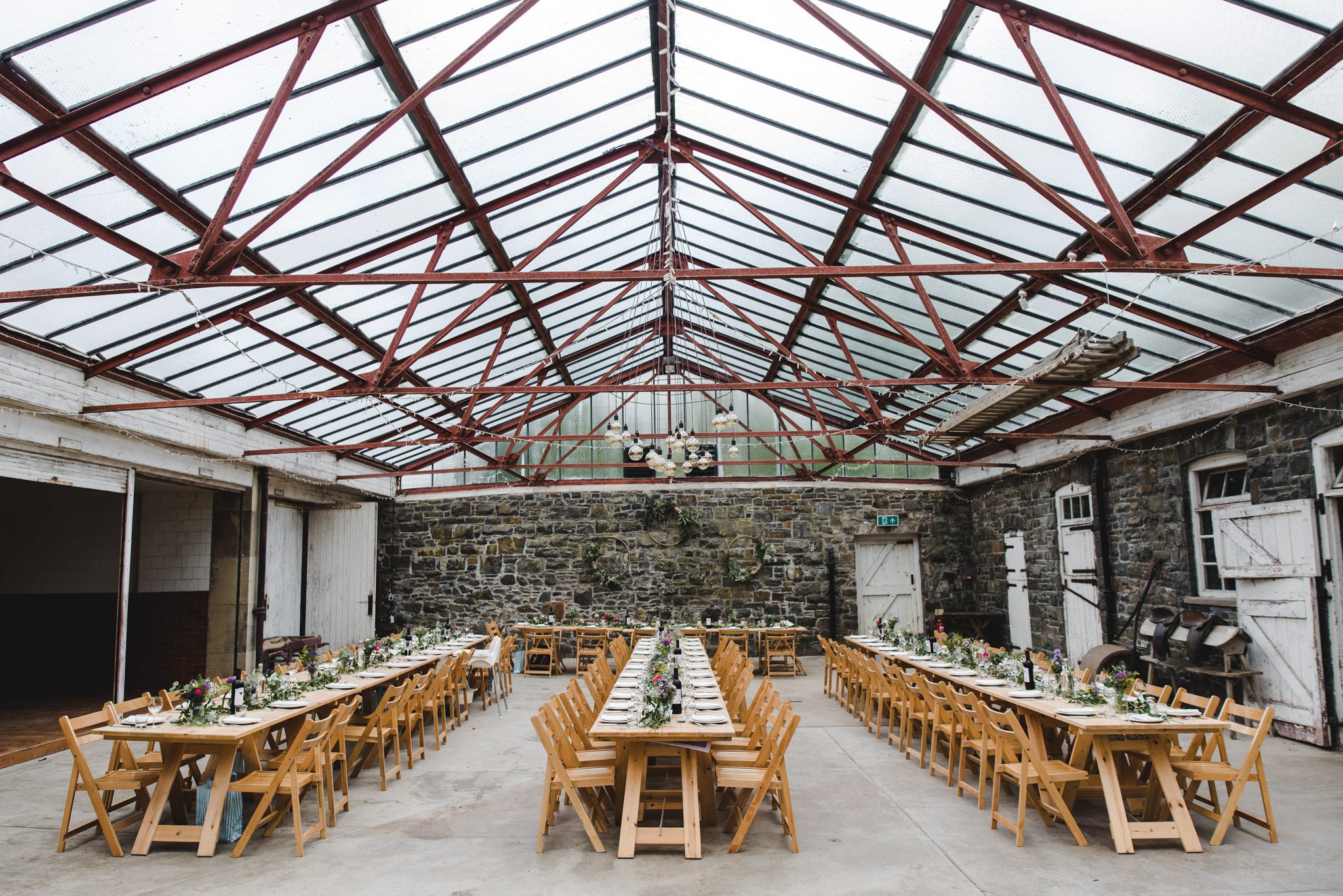 Plas Dinam wedding breakfast room set up for a wedding