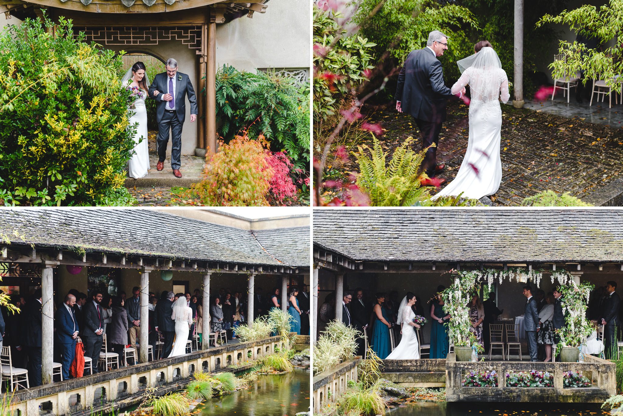 A bride walking to meet her groom at a wedding ceremony