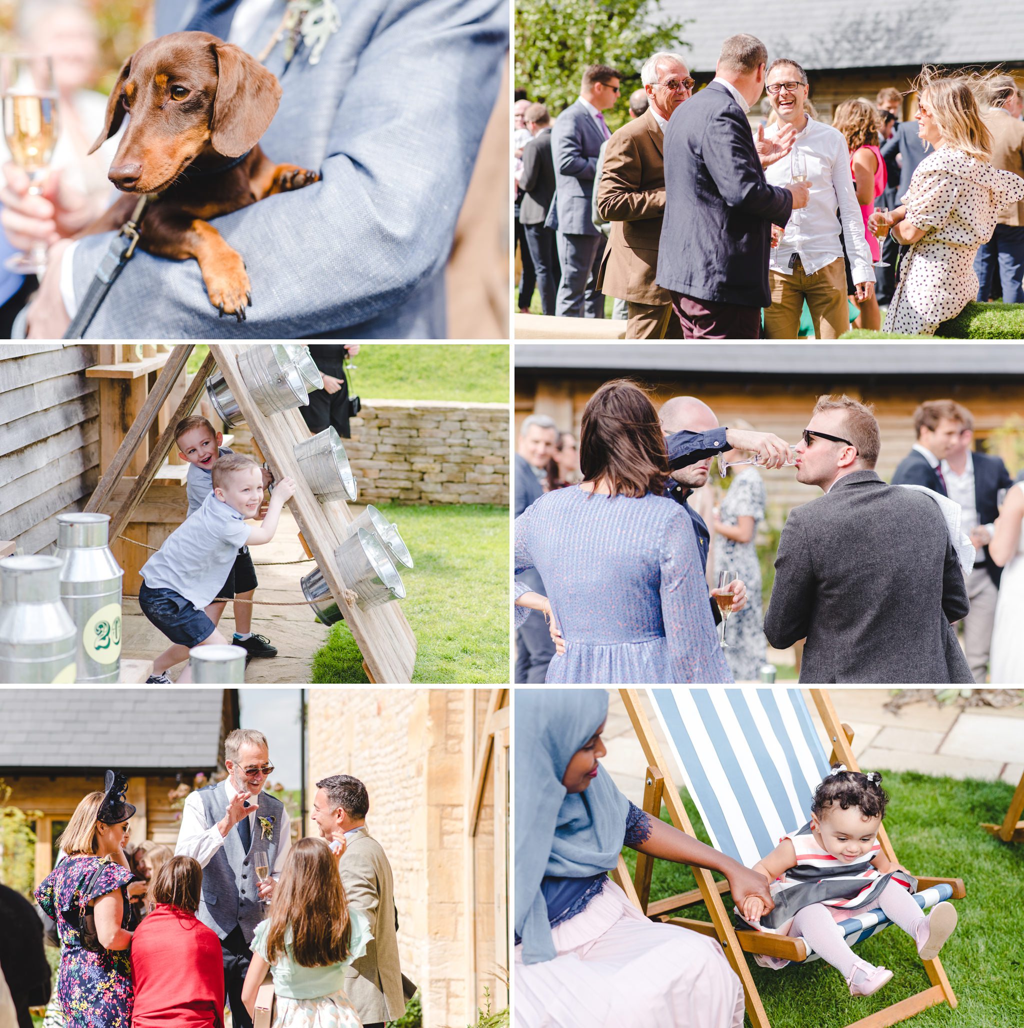 Candid drinks reception pictures at Upcote Barn