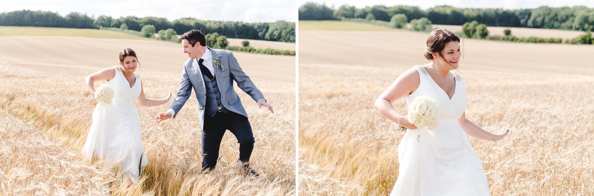 A bride and groom walking in a cornfield at The Barn at Upcote